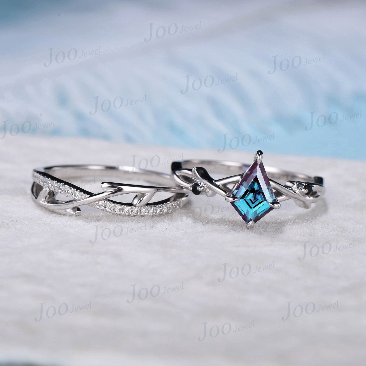Kite Cut Color Changing Alexandrite Ring Sterling Silver Twig Alexandrite Engagement Ring Set Nature Inspired Jewelry Unique Promise Gift