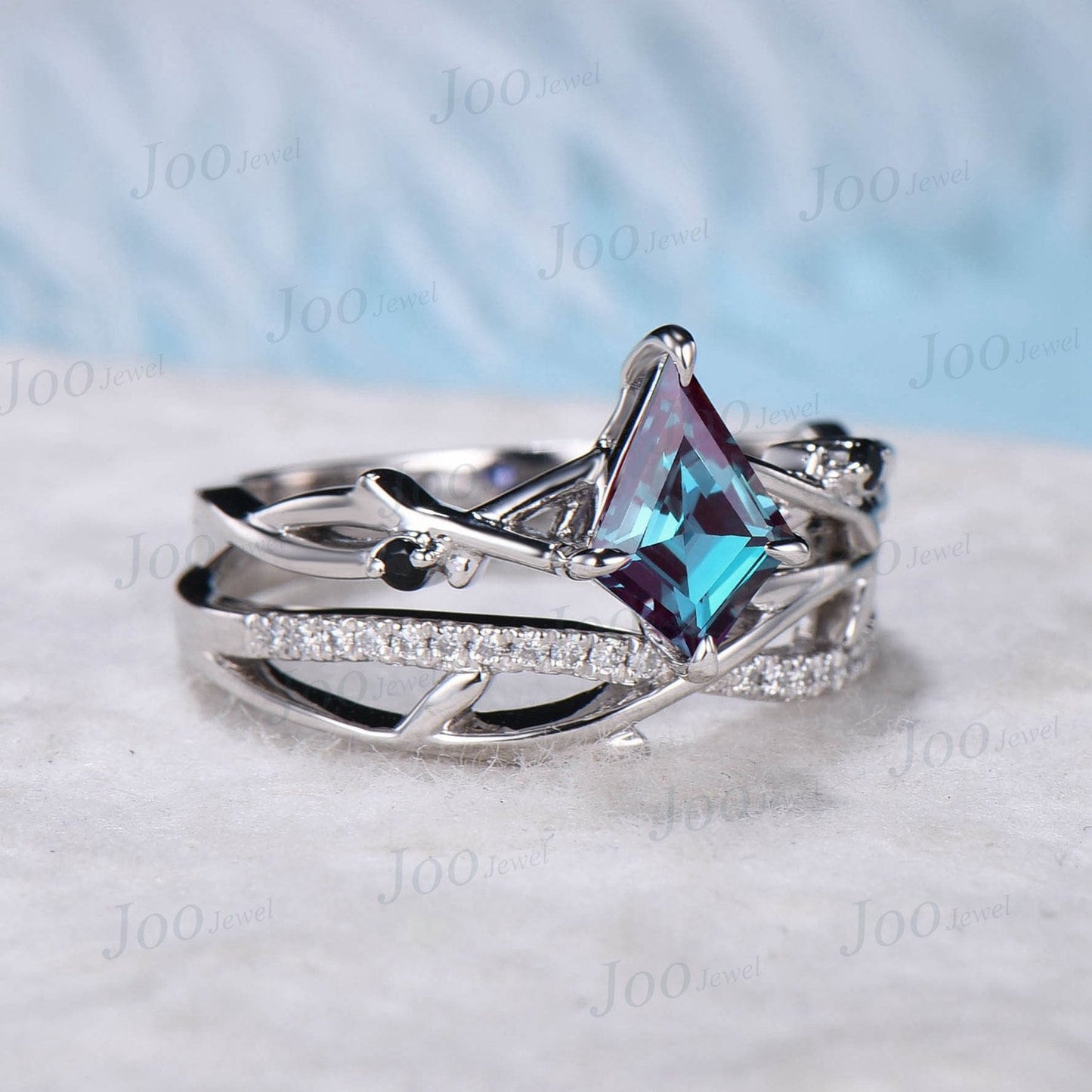 Kite Cut Color Changing Alexandrite Ring Sterling Silver Twig Alexandrite Engagement Ring Set Nature Inspired Jewelry Unique Promise Gift