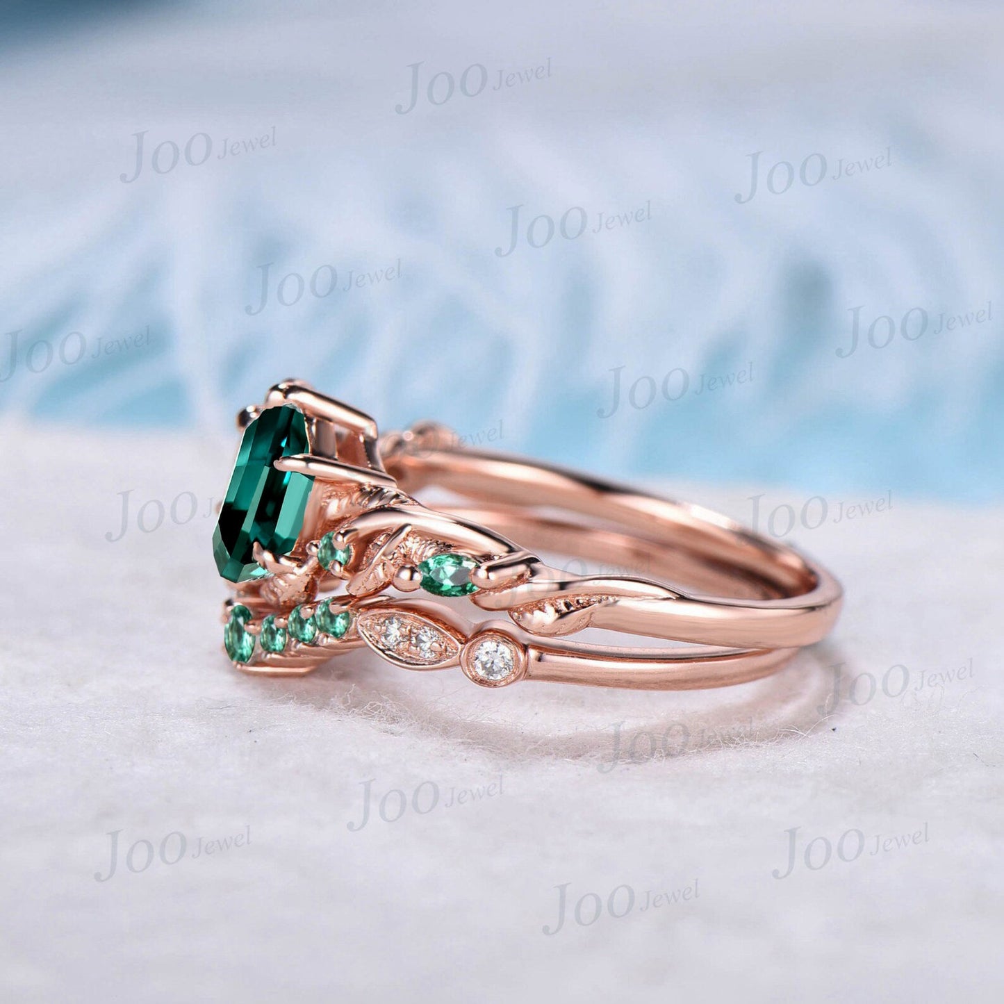 Nature Inspired Green Emerald Engagement Ring Set May Birthstone Wedding Ring 14K Rose Gold Handmade Twisted Branch Hexagon Gemstone Ring