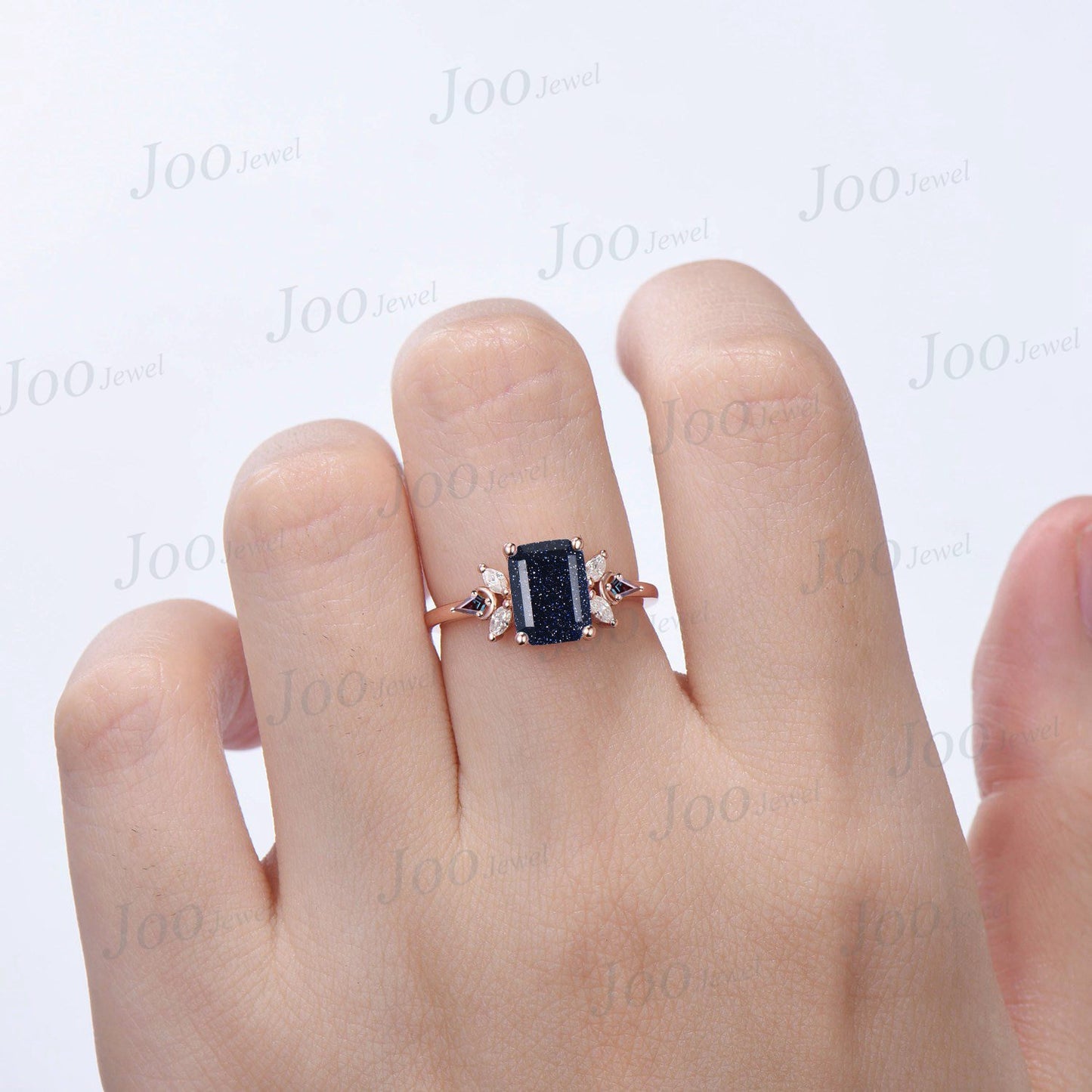 2ct Emerald Cut Galaxy Blue Sandstone Engagement Ring Black Spinel Gemstone Vintage Cluster Kite Alexandrite Ring Personalized Gifts Women