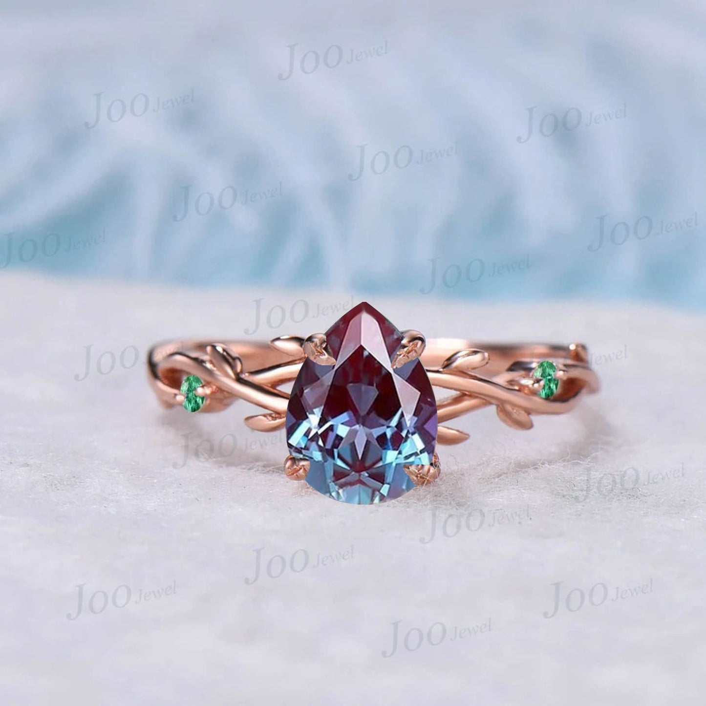Twig Vine Pear Alexandrite Emerald Ring Set 10K White Gold Nature Inspired Color-Change Alexandrite Moonstone Opal Bridal Set Promise Gifts