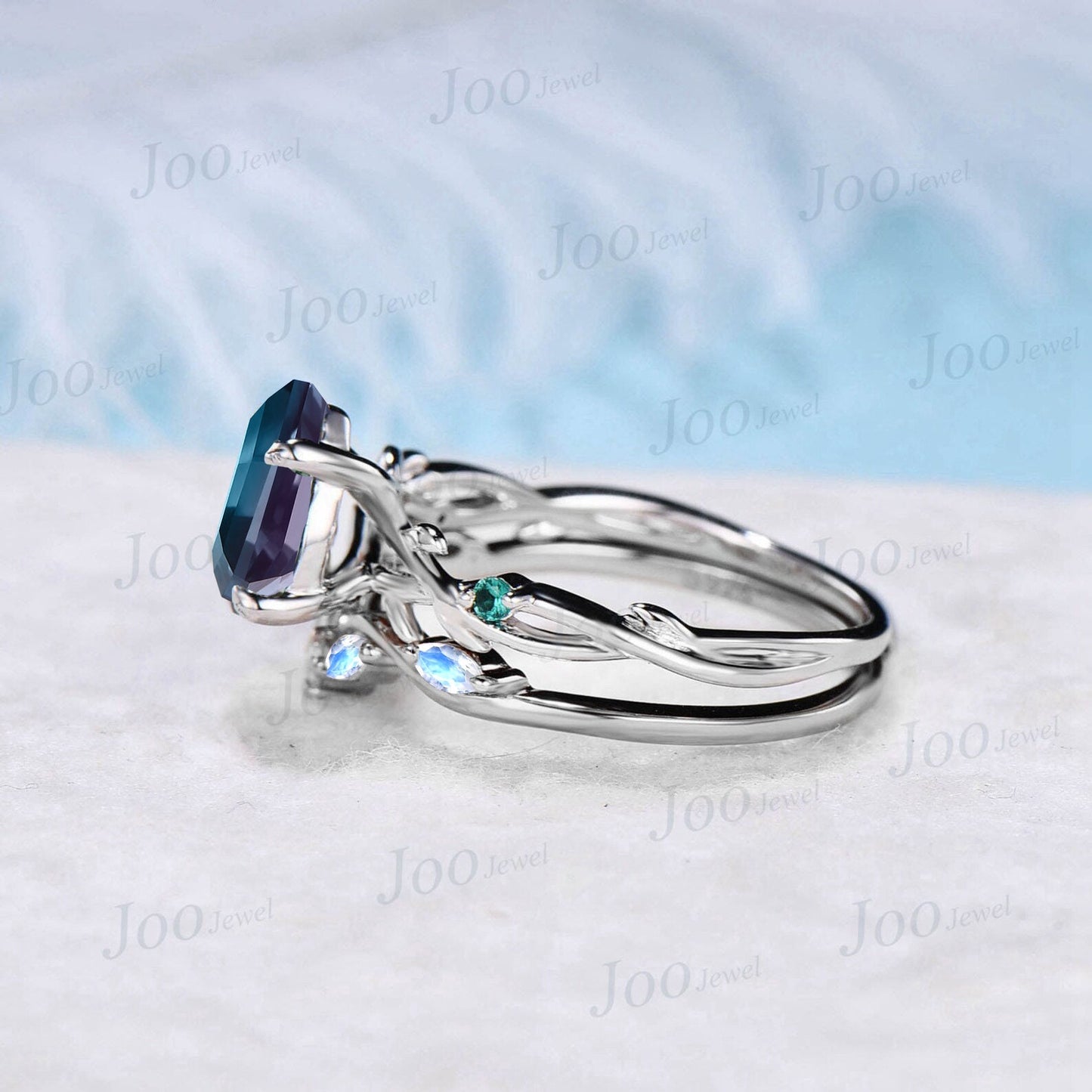 Twig Vine Teardrop Alexandrite Ring Set 1.25ct Nature Color-Change Alexandrite Moonstone Emerald Bridal Set Unique June Birthstone Gifts