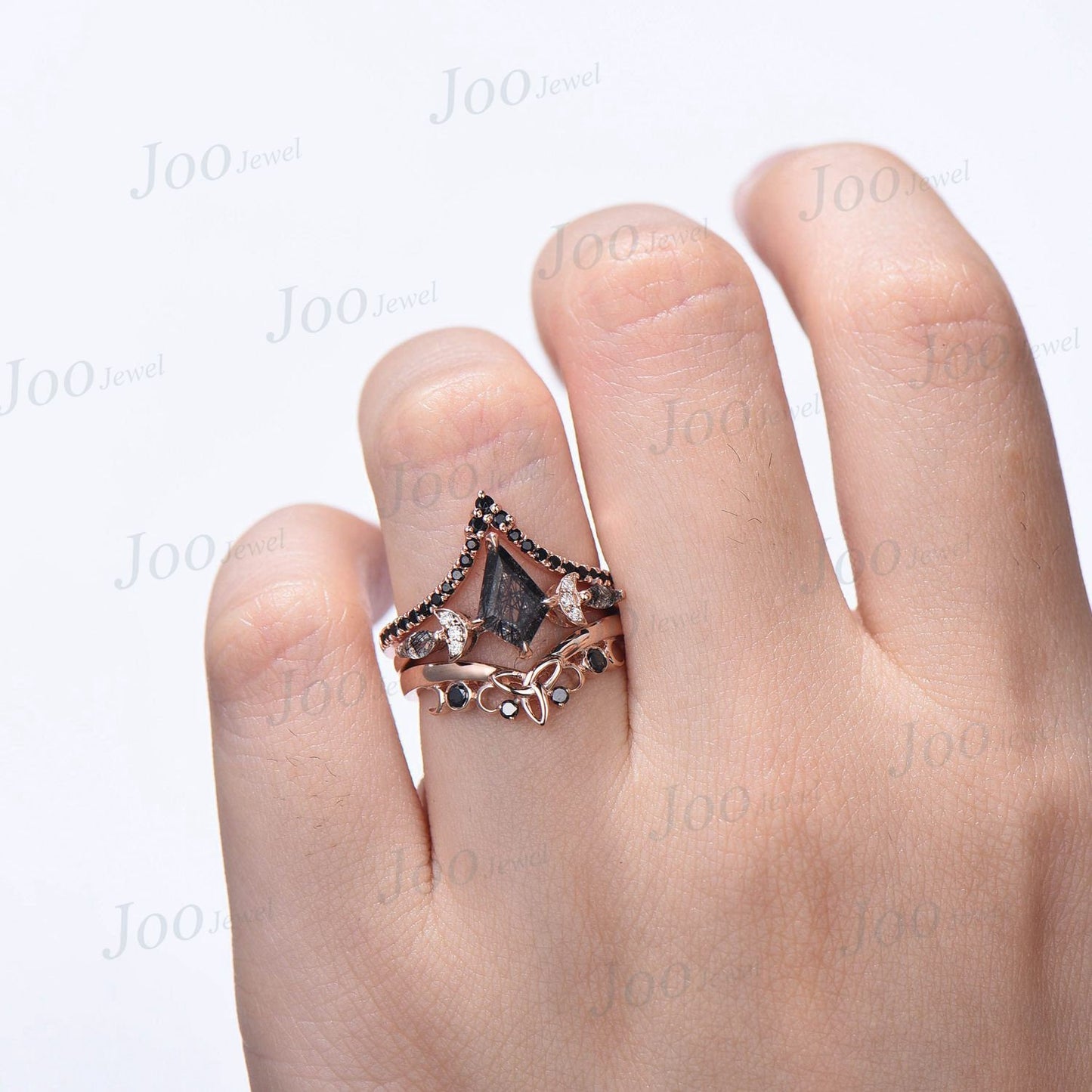 Celestial Engagement Ring Triple Moon Goddess Natural Black Rutilated Quartz Ring Rose Gold Kite Black Wedding Bridal Set Moon Phase Ring