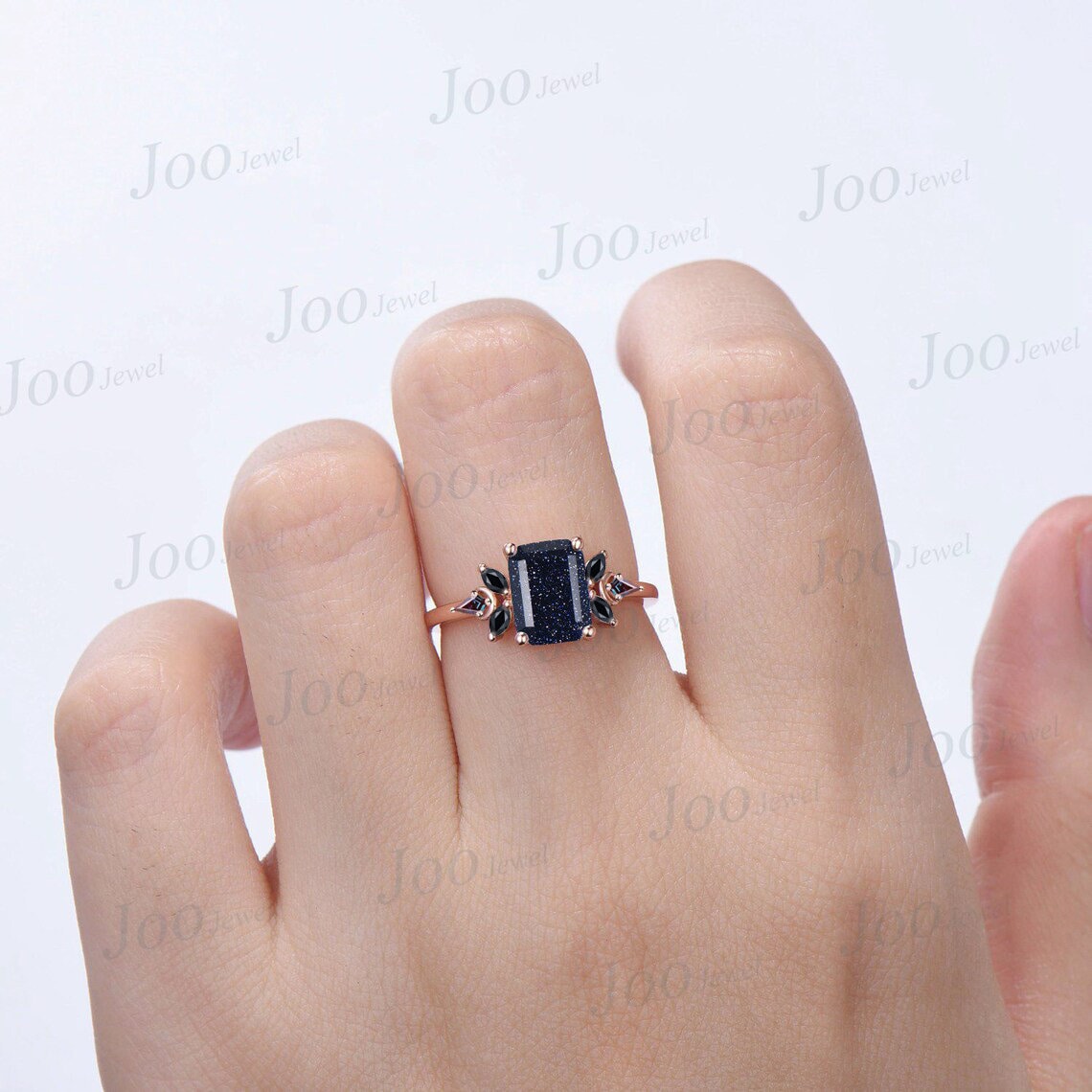 2ct Emerald Cut Galaxy Blue Sandstone Engagement Ring Black Spinel Gemstone Vintage Cluster Kite Alexandrite Ring Personalized Gifts Women