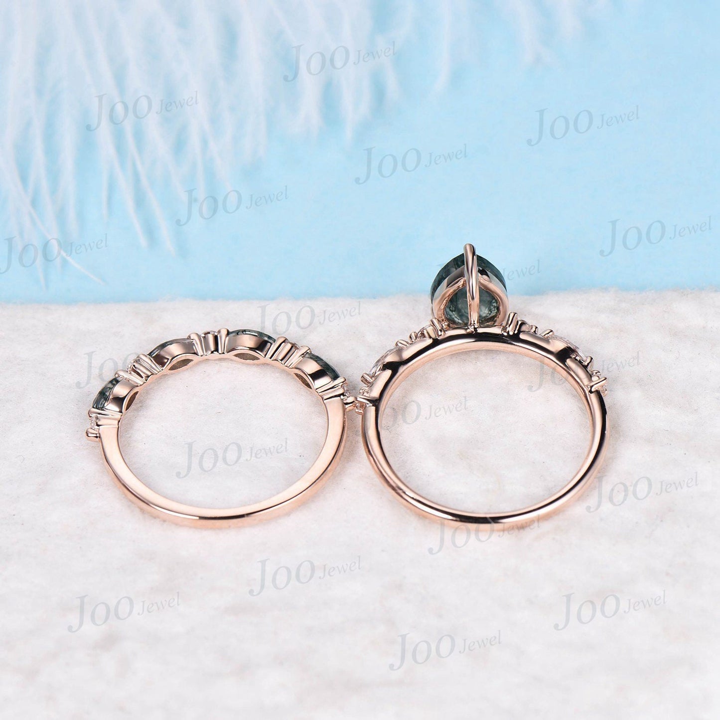 1.25ct Pear Natural Moss Agate Promise Ring Set Green Gemstone Jewelry Half Eternity Curve Moissanite Wedding Band Nature Moss Bridal Set