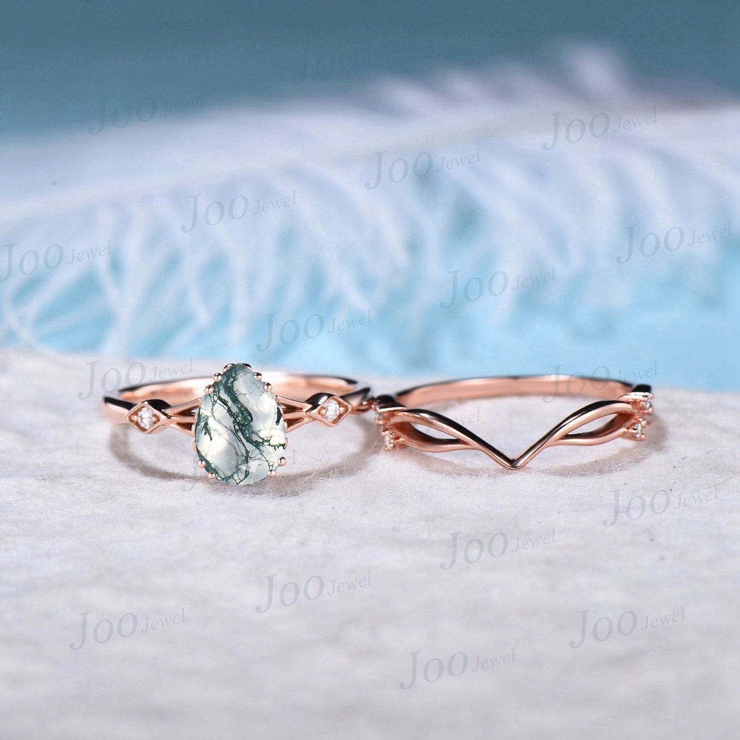 Vintage 1.25ct Pear Natural Moss Agate Engagement Ring Set Rose Gold Unique Moissanite Moss Agate Bridal Set Elvish Vine Promise Band Women