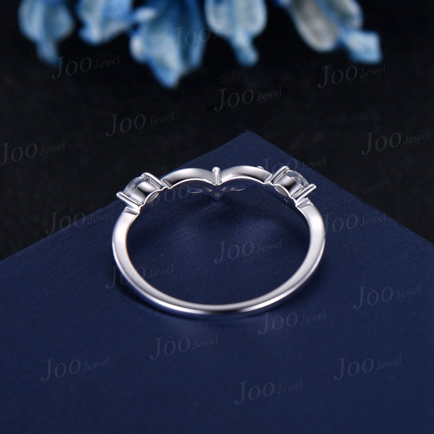 Marquise Natural Moonstone Contour Wedding Band 10K White Gold Blue Sapphire Nesting Band Unique Vintage Stacking Matching Bridal Gift Women