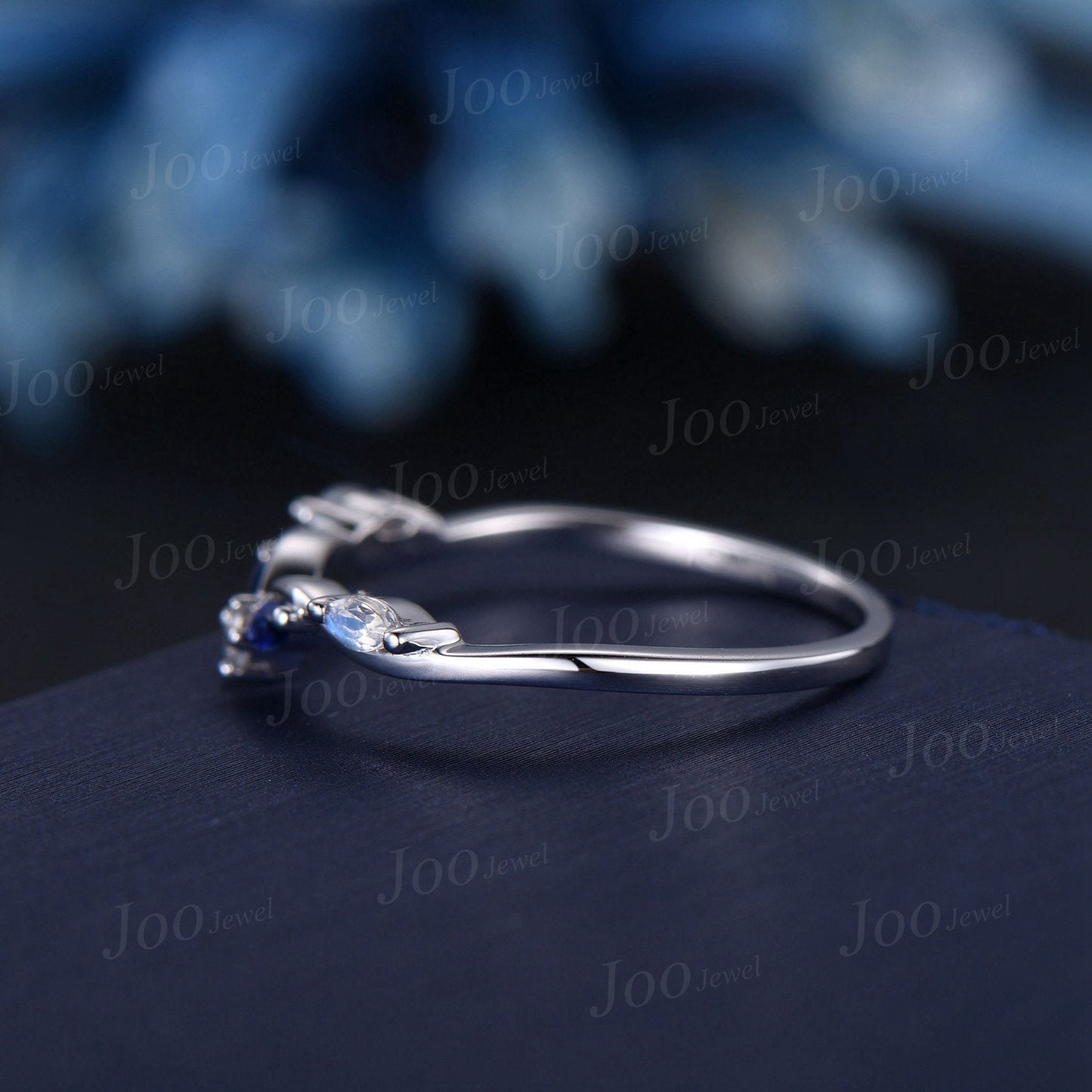 Marquise Natural Moonstone Contour Wedding Band 10K White Gold Blue Sapphire Nesting Band Unique Vintage Stacking Matching Bridal Gift Women