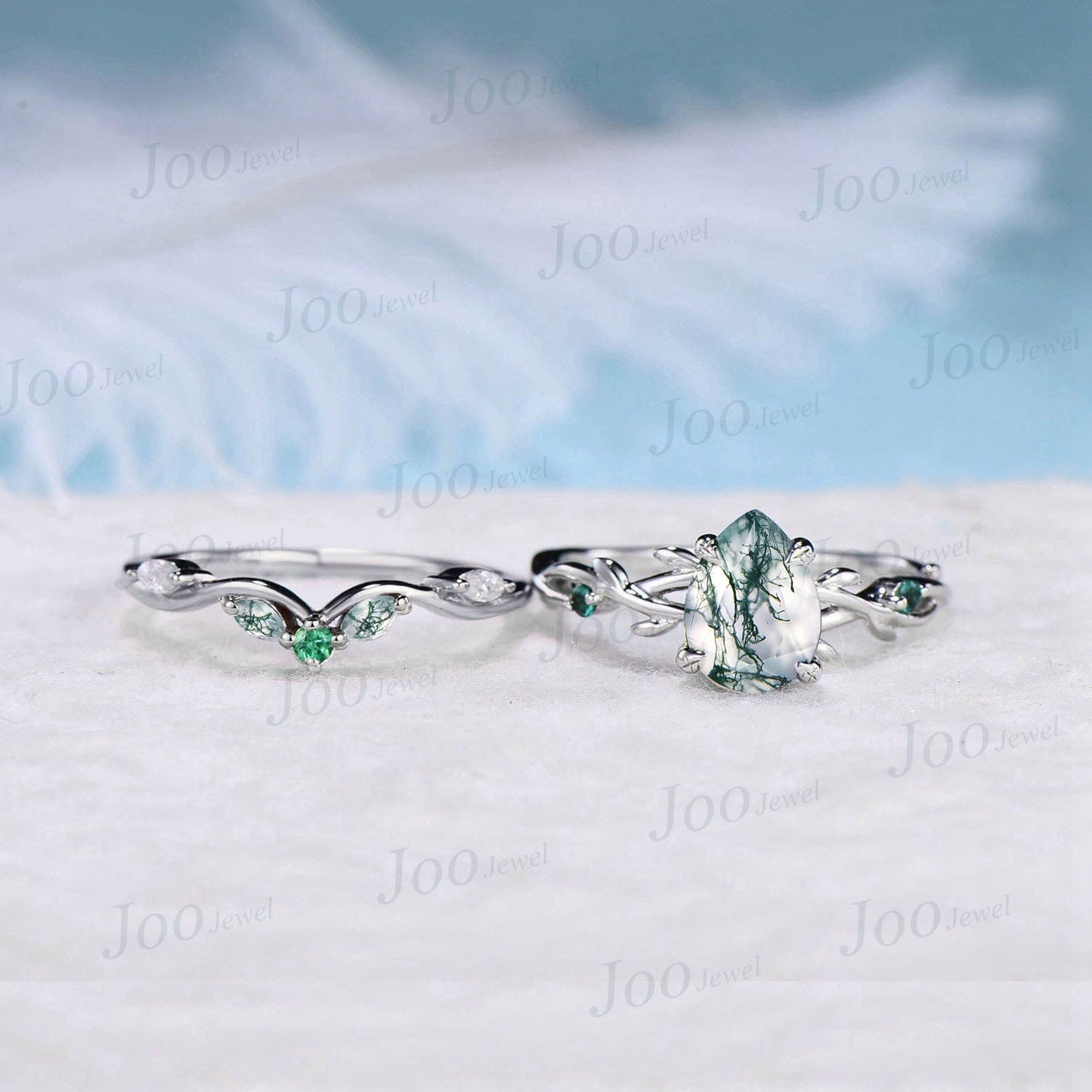 Nature Inspired Pear Moss Agate Ring Set 1.25ct Twig Moss Agate Engagement Ring Set Branch Vine Green Emerald Wedding Ring Moss Bridal Set