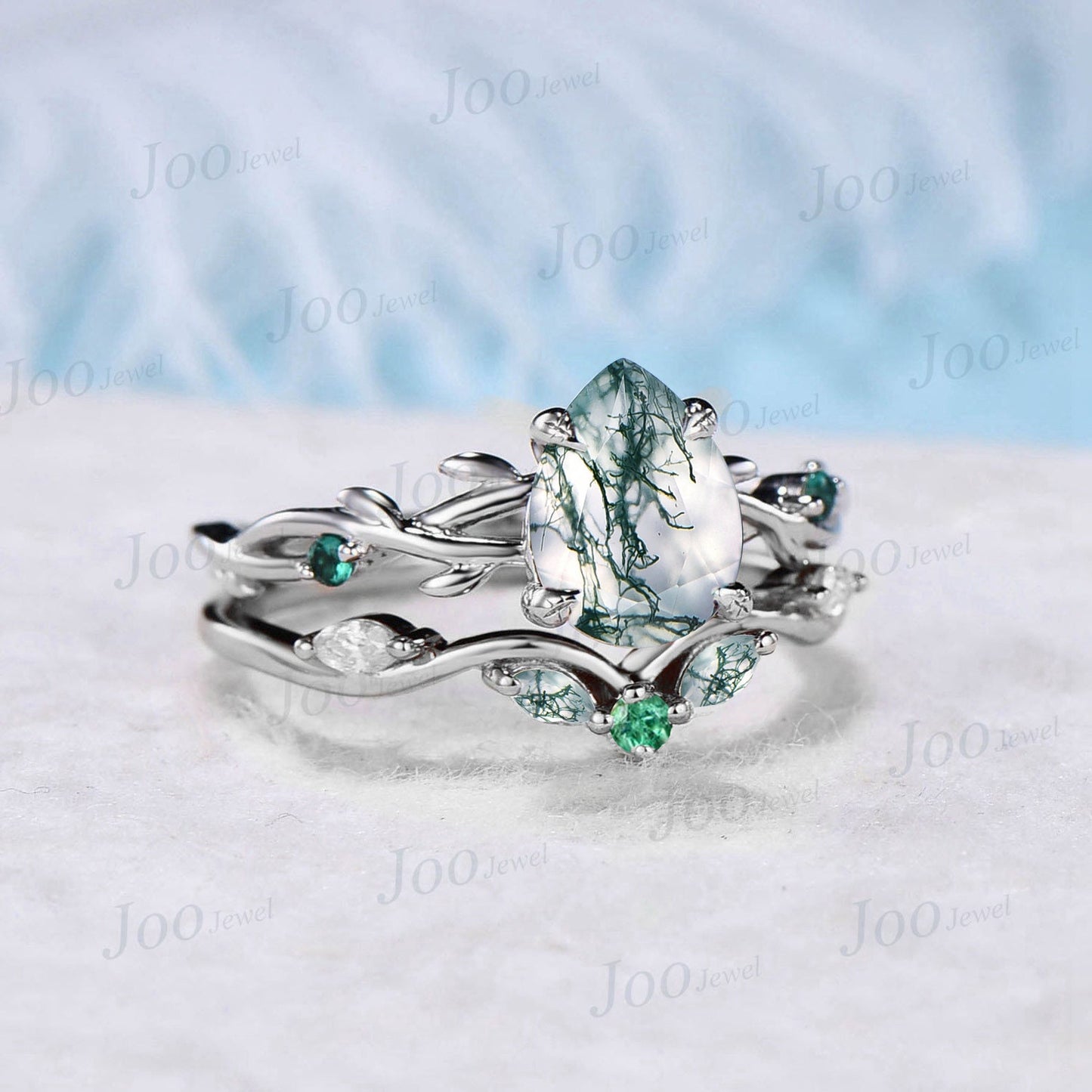 Nature Inspired Pear Moss Agate Ring Set 1.25ct Twig Moss Agate Engagement Ring Set Branch Vine Green Emerald Wedding Ring Moss Bridal Set