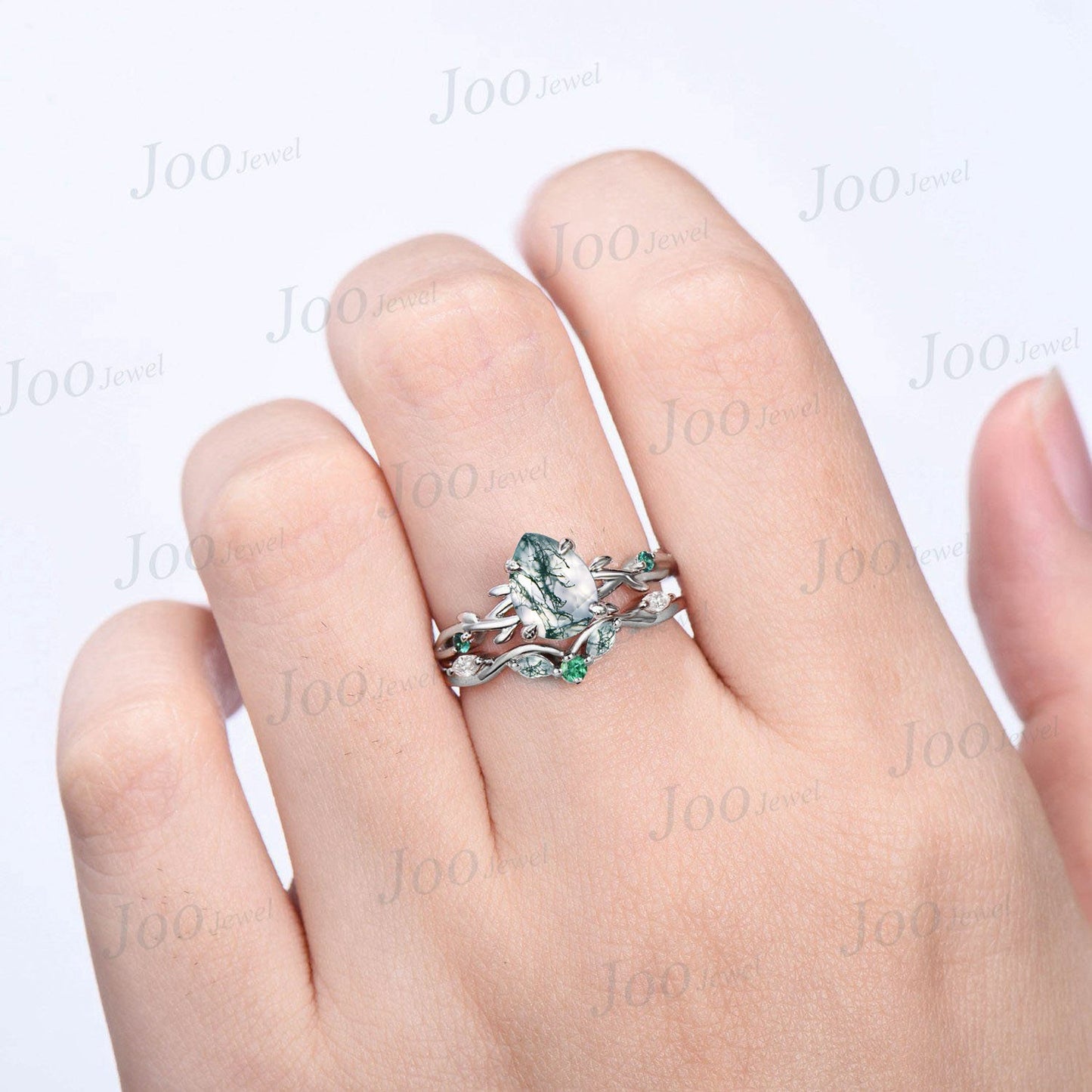 Nature Inspired Pear Moss Agate Ring Set 1.25ct Twig Moss Agate Engagement Ring Set Branch Vine Green Emerald Wedding Ring Moss Bridal Set