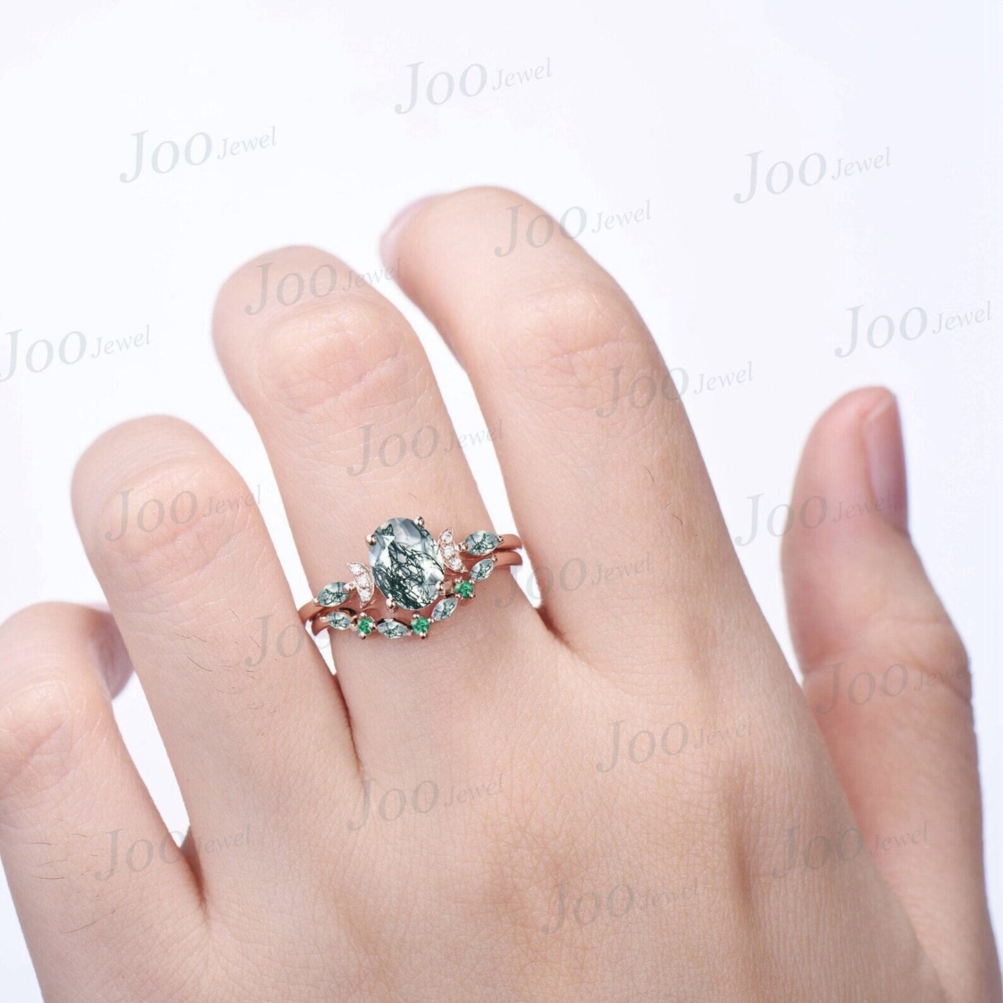 1.5ct Oval Natural Moss Agate Emerald Engagement Ring Set Rose Gold Moss Agate Bridal Set Curve Green Emerald Moss Wedding Band Promise Ring