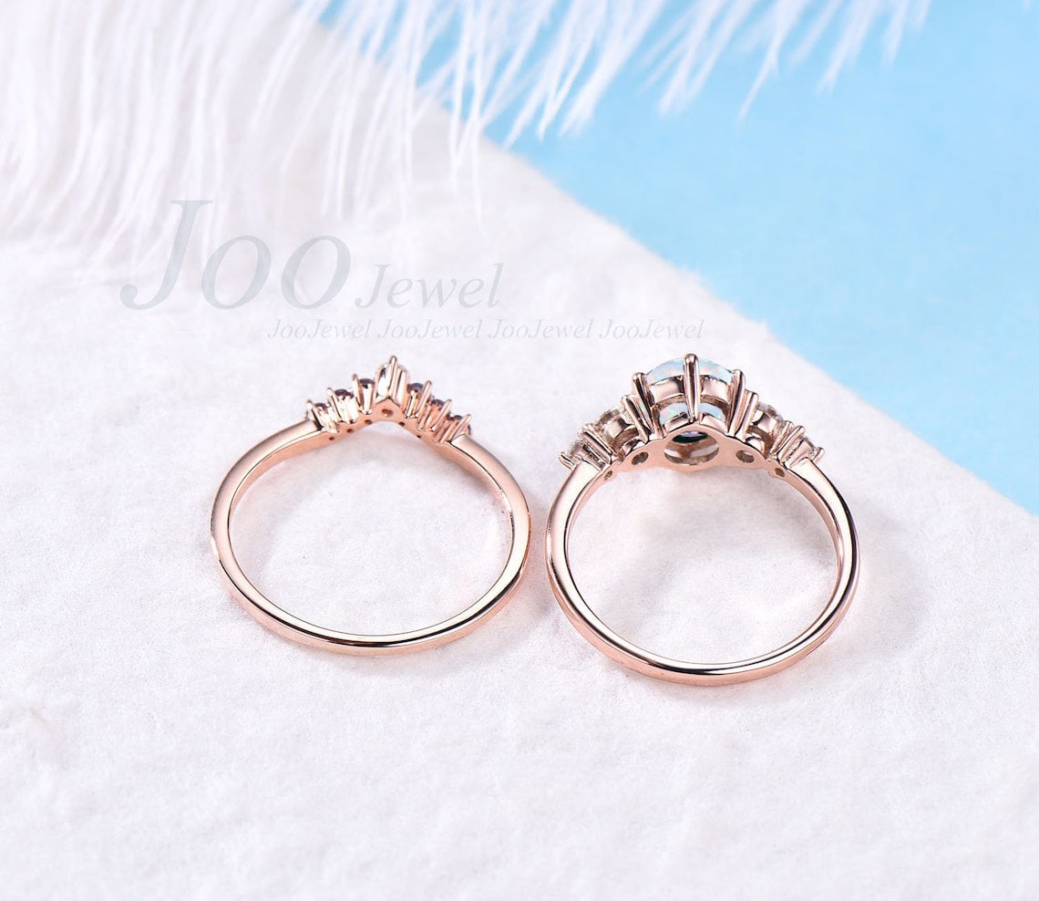 7mm Round White Opal Engagement Ring Vintage 10K Rose Gold Moonstone Wedding Ring Alexandrite Wedding Band Unique October Birthstone Gift