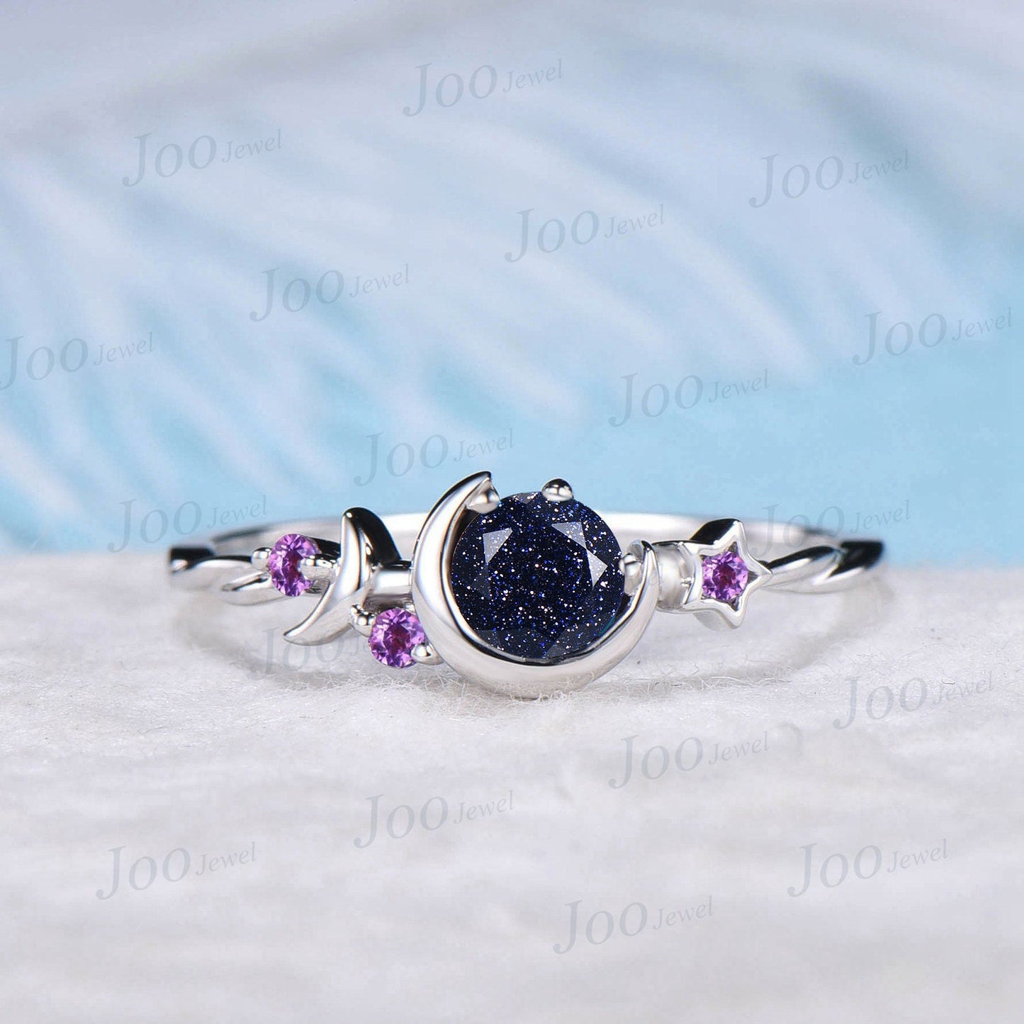 Round Cut Blue Sandstone Engagement Ring Starry Sky Moon Star Cluster Ring Purple Amethyst Celestial Ring Unique Asymmetrical Promise Rings