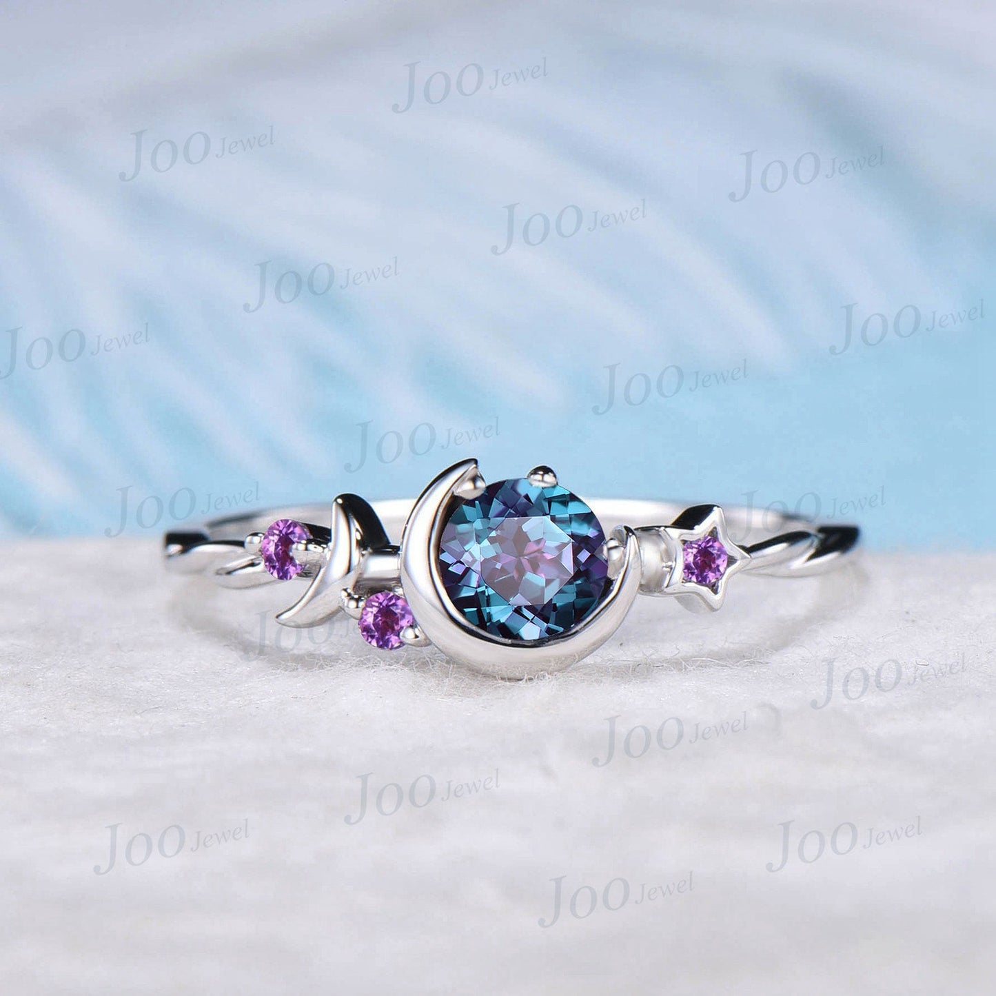 Unique Round Alexandrite Ring Moon Star Cluster Engagement Ring June Birthstone Jewelry Gift Purple Amethyst Ring Asymmetrical Promise Ring