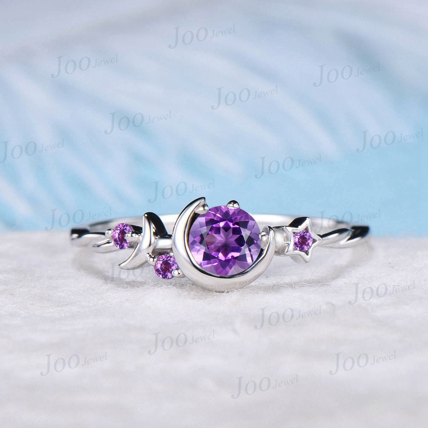 Round Natural Amethyst Wedding Ring Moon Star Cluster Engagement Ring 10K Rose Gold Purple Crystal Celestial Asymmetrical Ring Promise Ring