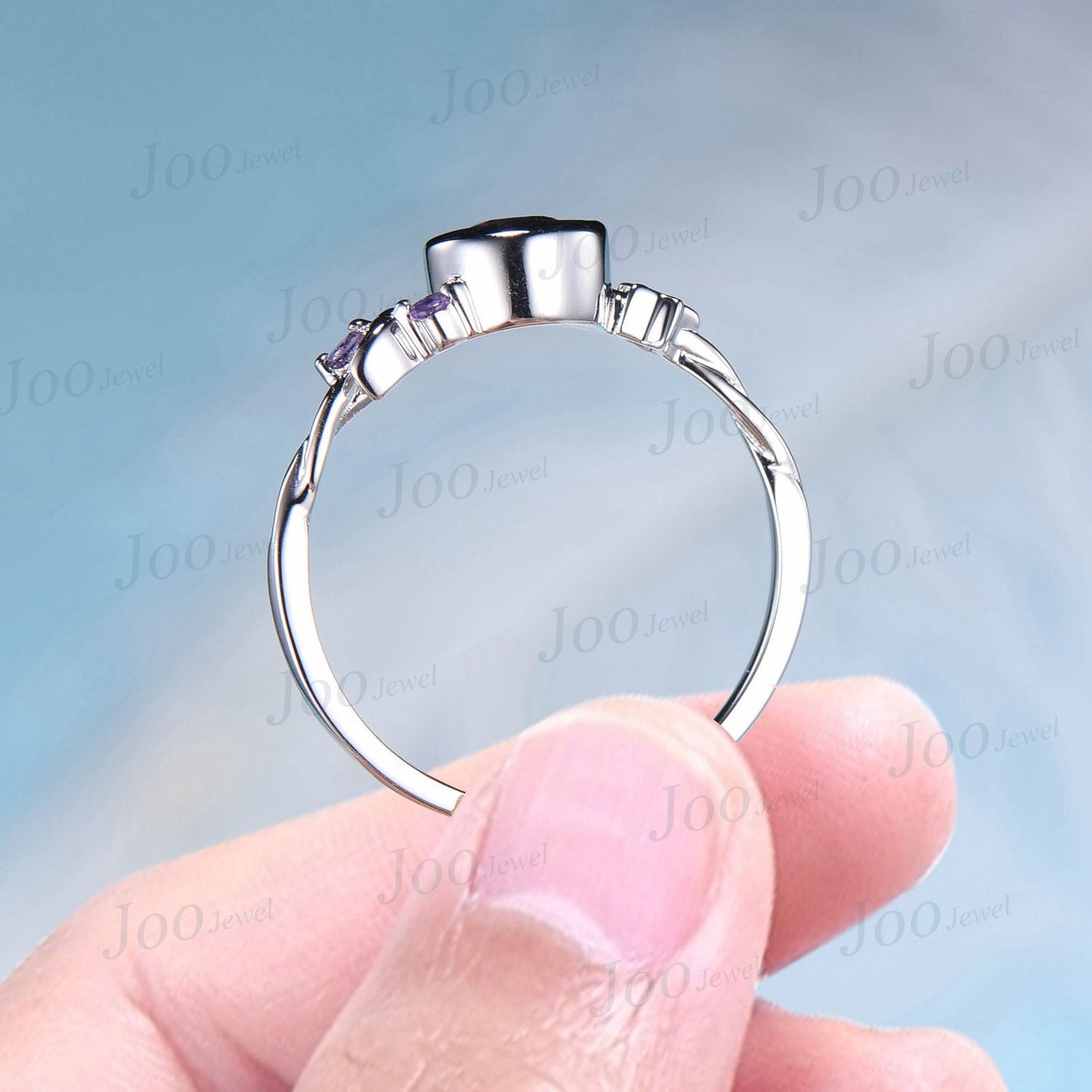 Unique Round Blue Moonstone Engagement Ring 10K Rose Gold Moon Bridal Ring Moon Star Moissanite Opal Wedding Ring Art Deco Asymmetrical Ring