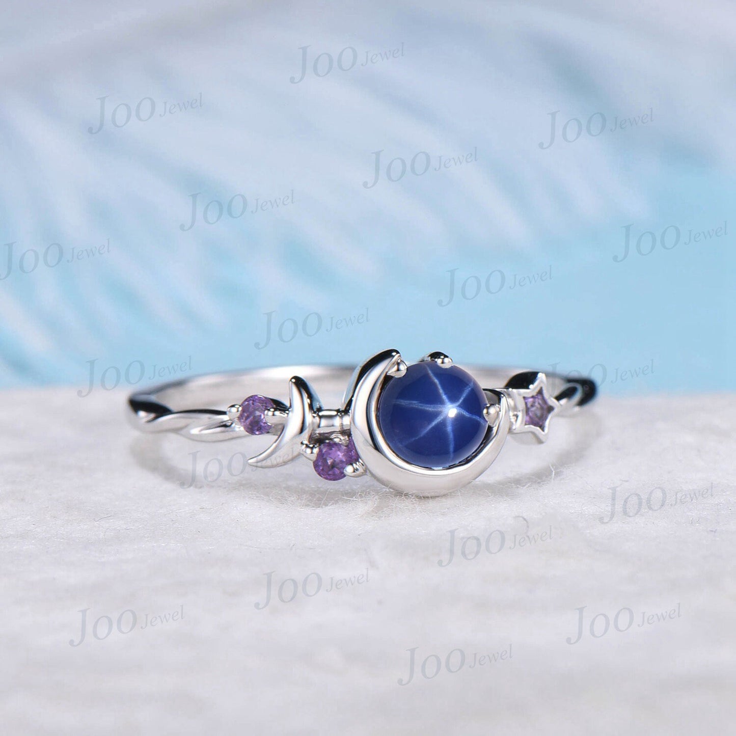 Moon Star Engagement Ring Unique Round Star Sapphire Wedding Rings 10K Rose Gold Purple Amethyst Crystal Celestial Ring Unique Promise Ring