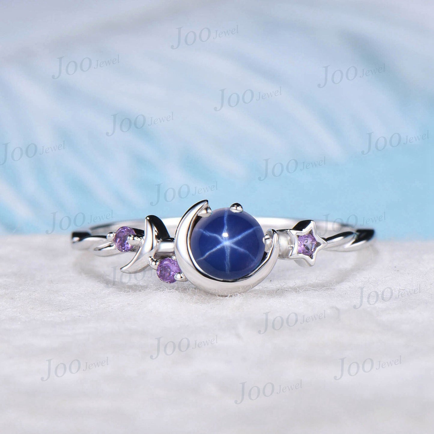 Moon Star Engagement Ring Unique Round Star Sapphire Wedding Rings 10K Rose Gold Purple Amethyst Crystal Celestial Ring Unique Promise Ring