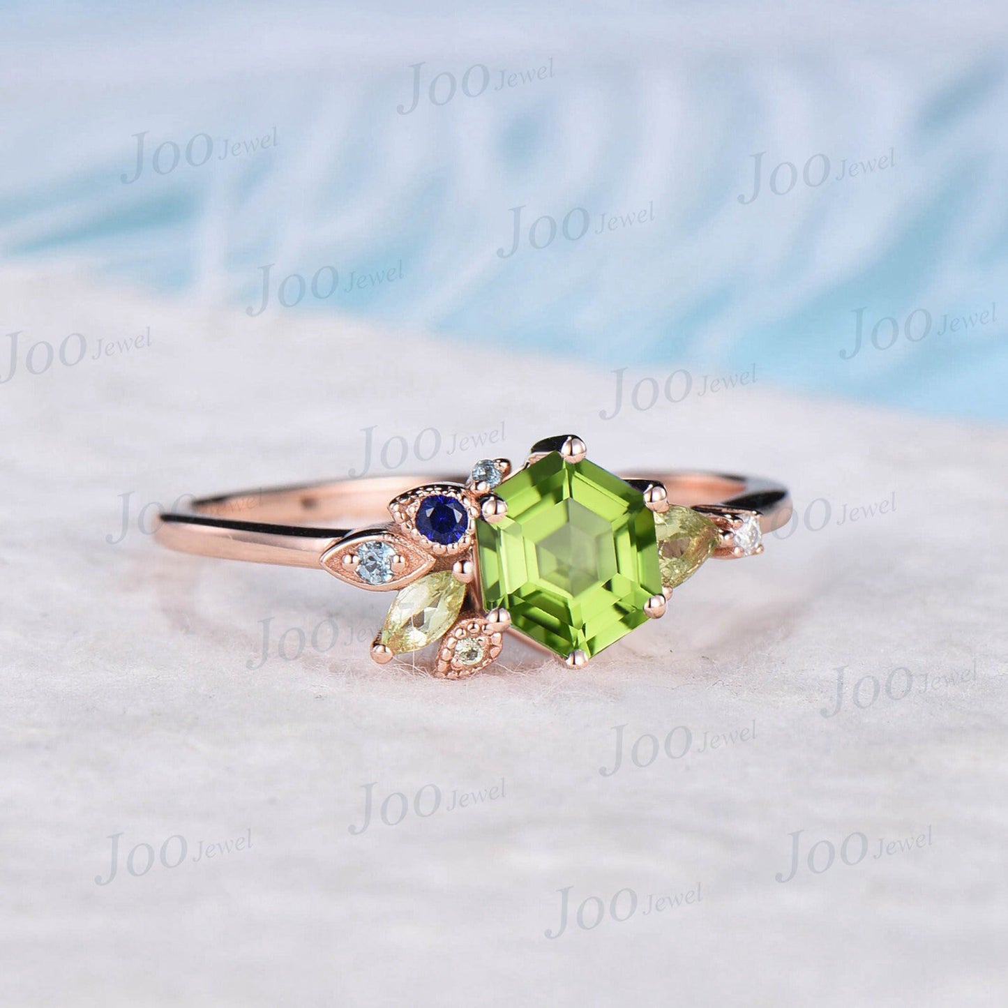 1ct Hexagon Cut Natural Green Peridot Ring 10K Rose Gold August Birthstone Cluster Wedding Ring Personalized Anniversary/Birthday Gift Women