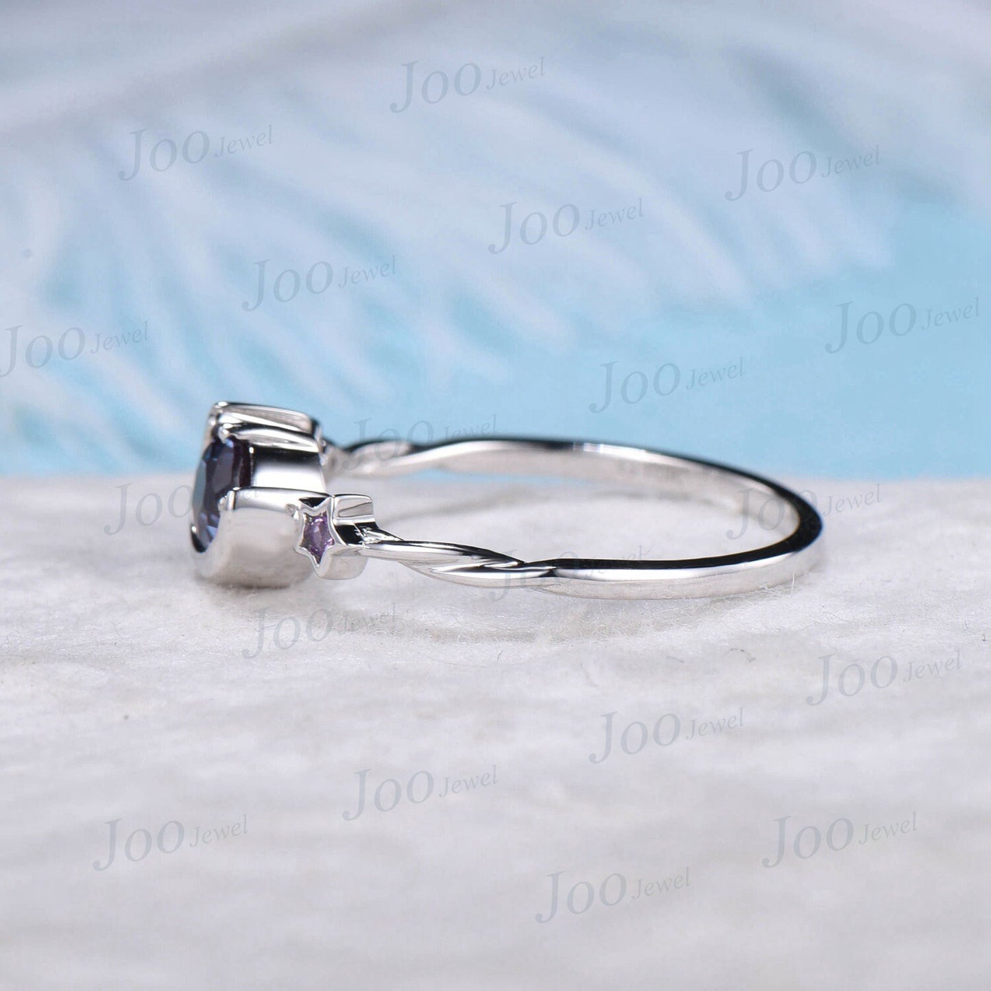 5mm Round Natural Green Moss Agate Engagement Ring Moon Star Cluster Purple Amethyst Celestial Ring Unique Asymmetrical Promise Ring Gifts
