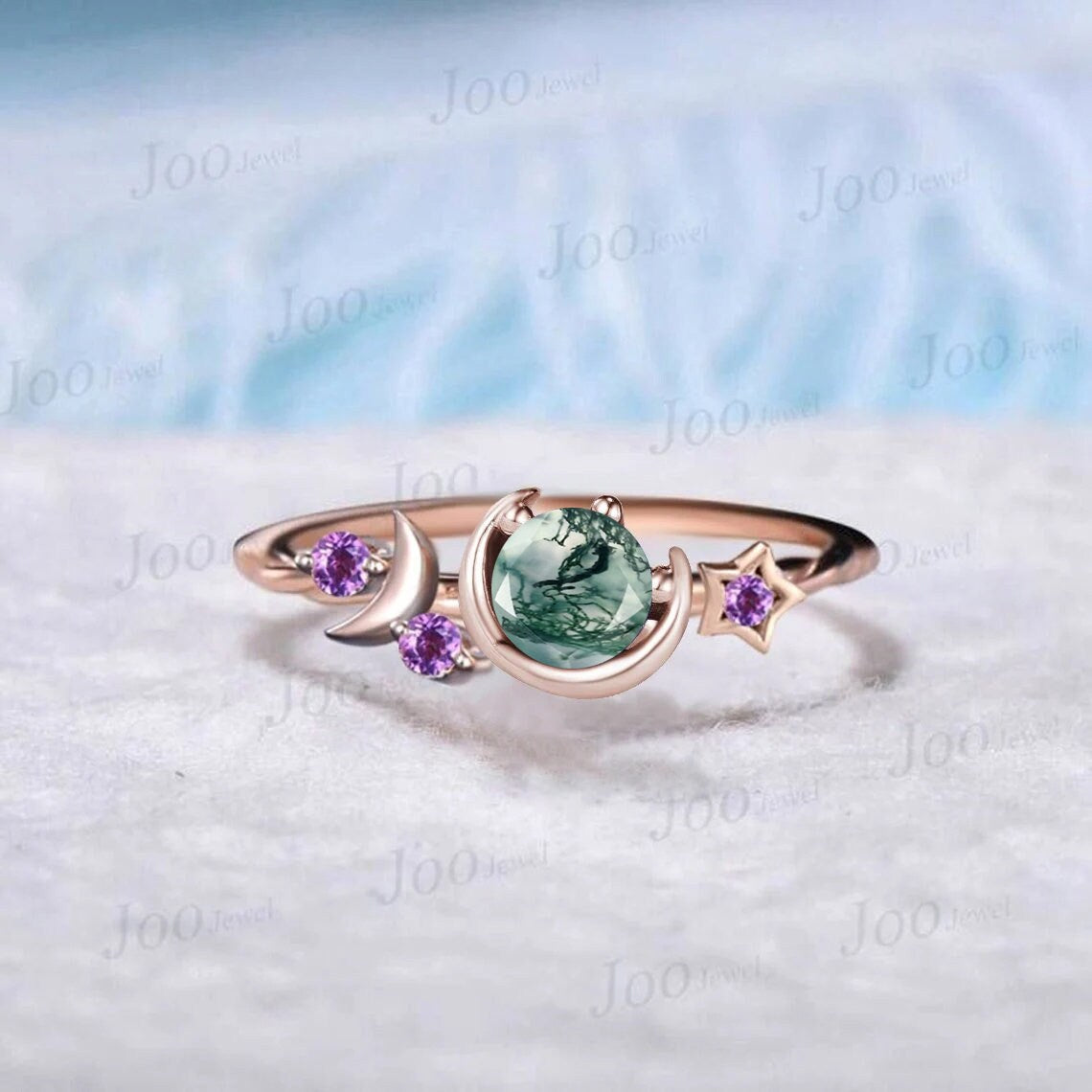 5mm Round Natural Green Moss Agate Engagement Ring Moon Star Cluster Purple Amethyst Celestial Ring Unique Asymmetrical Promise Ring Gifts