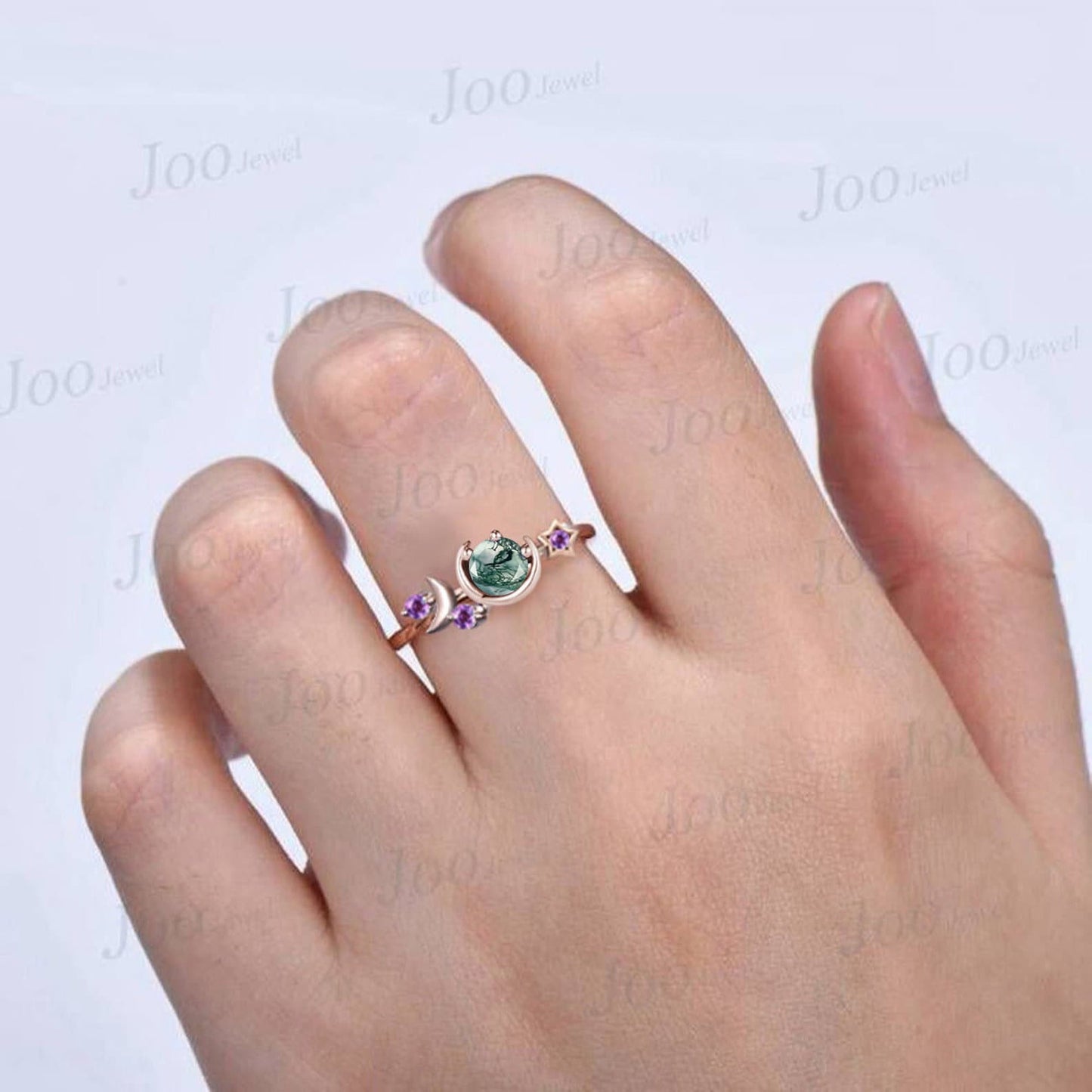 5mm Round Natural Green Moss Agate Engagement Ring Moon Star Cluster Purple Amethyst Celestial Ring Unique Asymmetrical Promise Ring Gifts