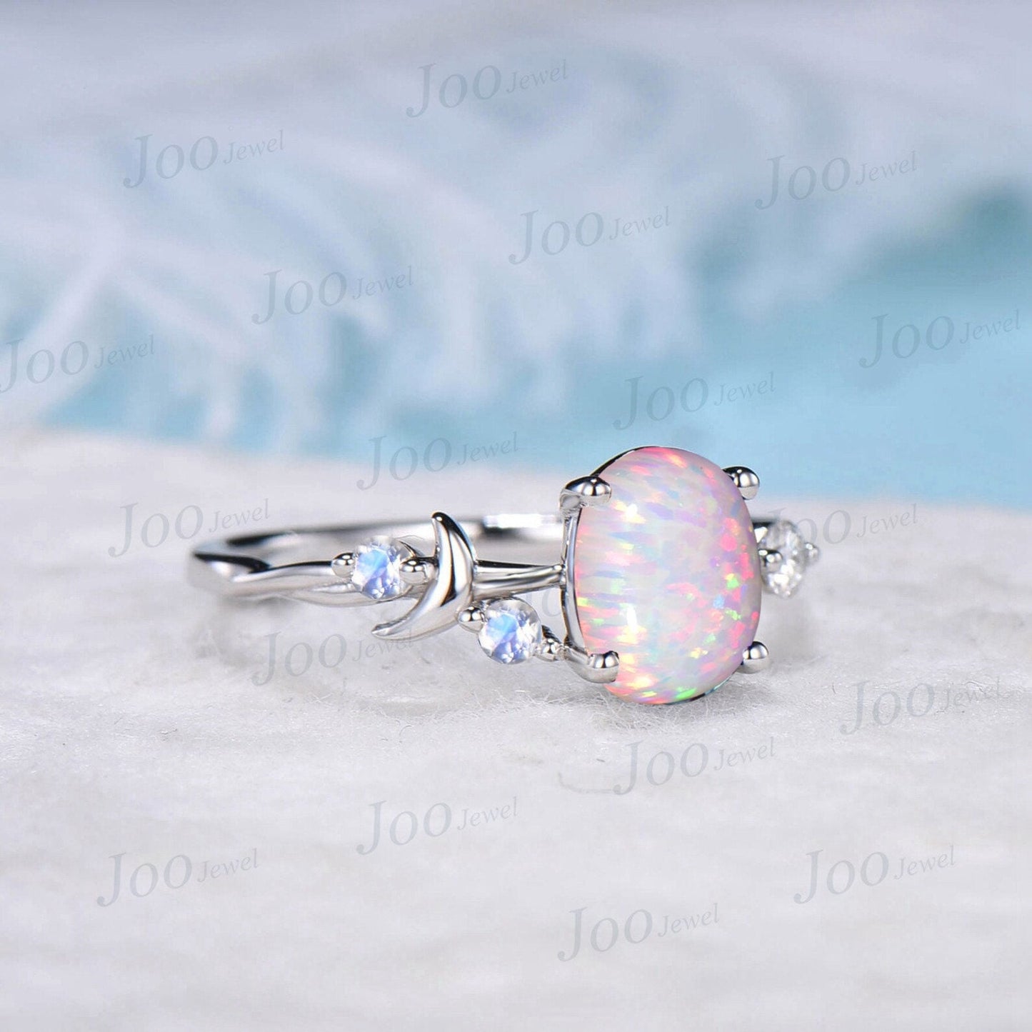Crescent Moon Ring 10K Rose Gold White Opal Moon Engagement Ring Natural Moonstone Celestial Wedding Ring Moon Phase Moon of My Life Ring