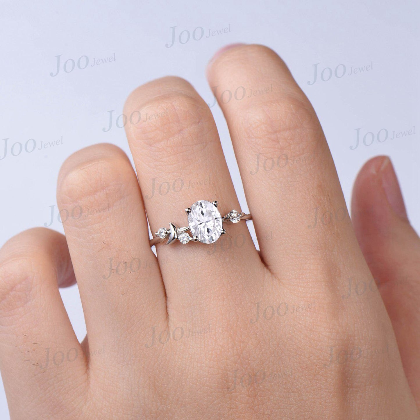 Moon Wedding Ring 1.5ct Dainty Oval Cut Moissanite Engagement Ring Crescent Moon Cluster Moissanite Diamond Ring Anniversary Gift for Women