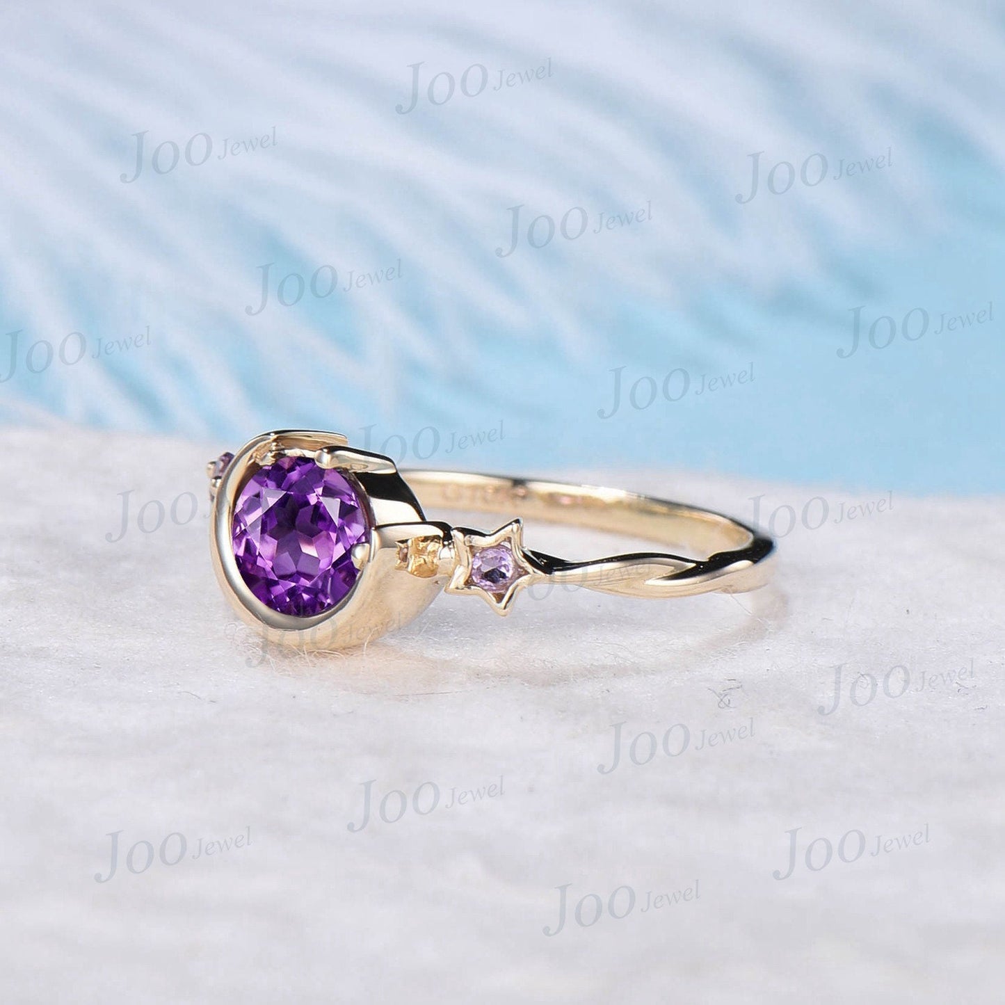 Round Natural Amethyst Wedding Ring Moon Star Cluster Engagement Ring 10K Rose Gold Purple Crystal Celestial Asymmetrical Ring Promise Ring