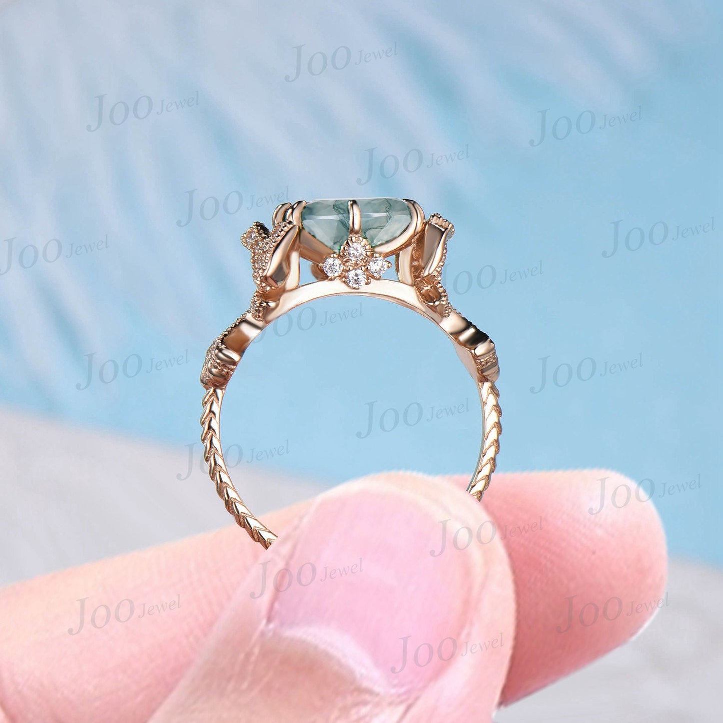 Nature Inspired Green Moss Agate Engagement Ring Ginkgo Biloba Leaf Ring 10K Gold Ginkgo Jewelry Bow Tie Moissanite West East Wedding Rings