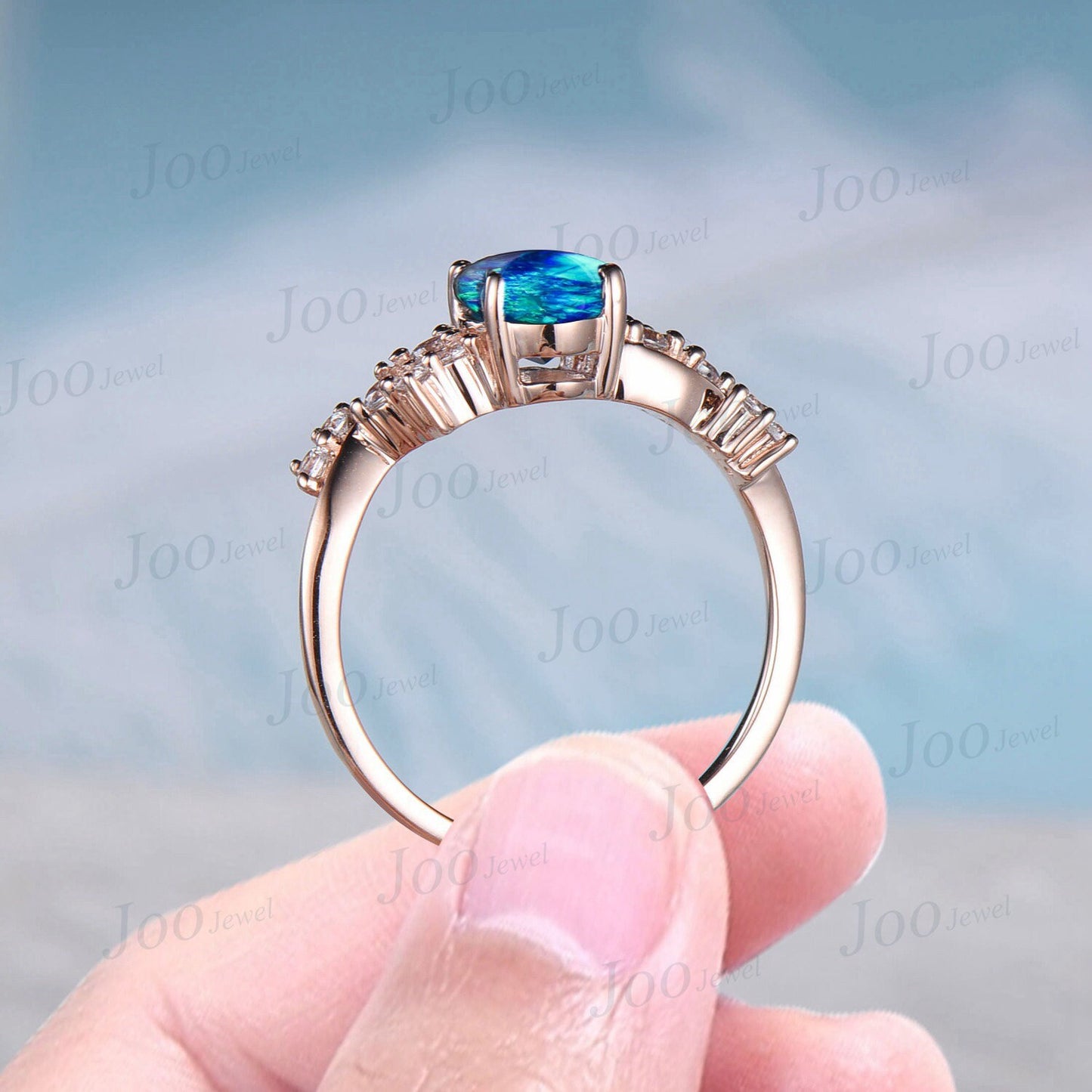 1.5ct Oval Blue Opal Engagement Ring Vintage Rose Gold Cluster Moissanite Wedding Ring Anniversary Gift Galaxy Blue Fire Opal Promise Rings