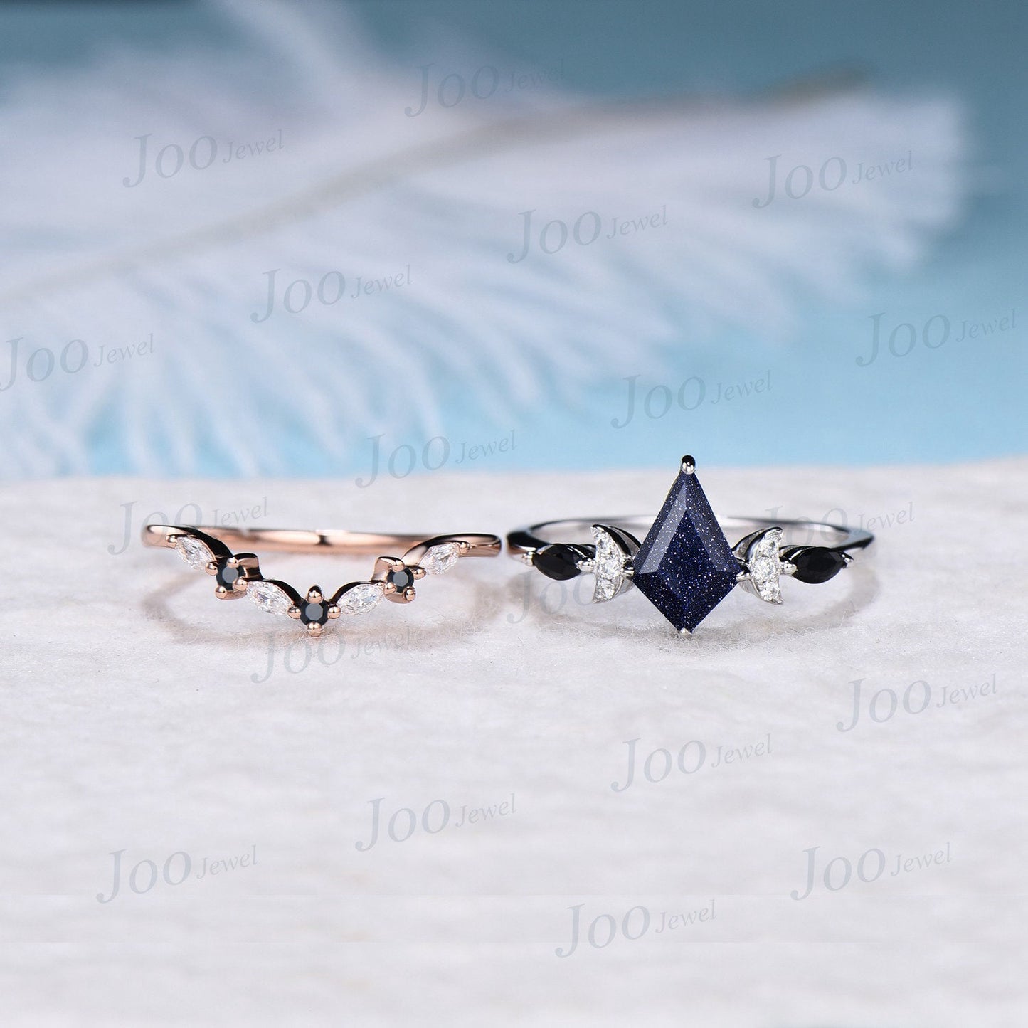 1ct Kite Galaxy Blue Sandstone Celestial Engagement Ring Set Half Moon Moissanite Wedding Ring Set 10K Rose Gold Black Gemstone Bridal Set