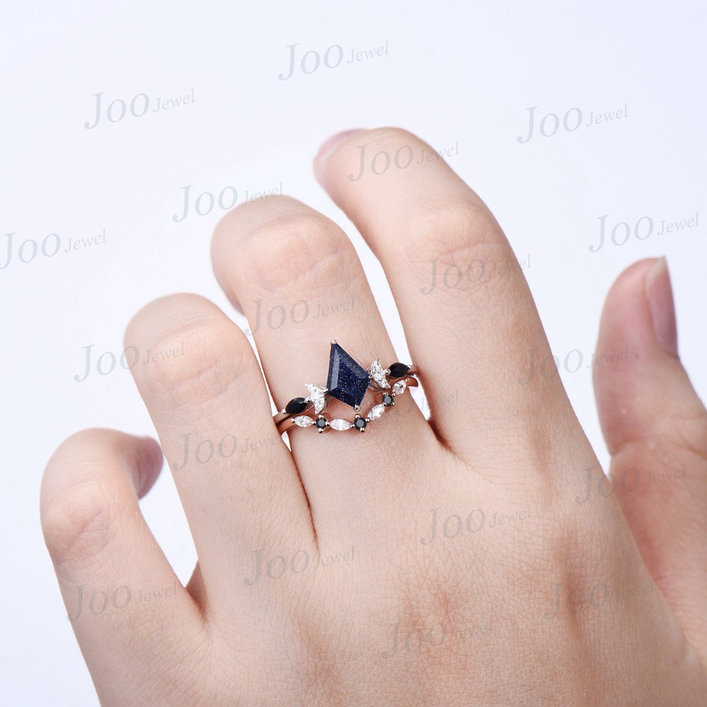 1ct Kite Galaxy Blue Sandstone Celestial Engagement Ring Set Half Moon Moissanite Wedding Ring Set 10K Rose Gold Black Gemstone Bridal Set