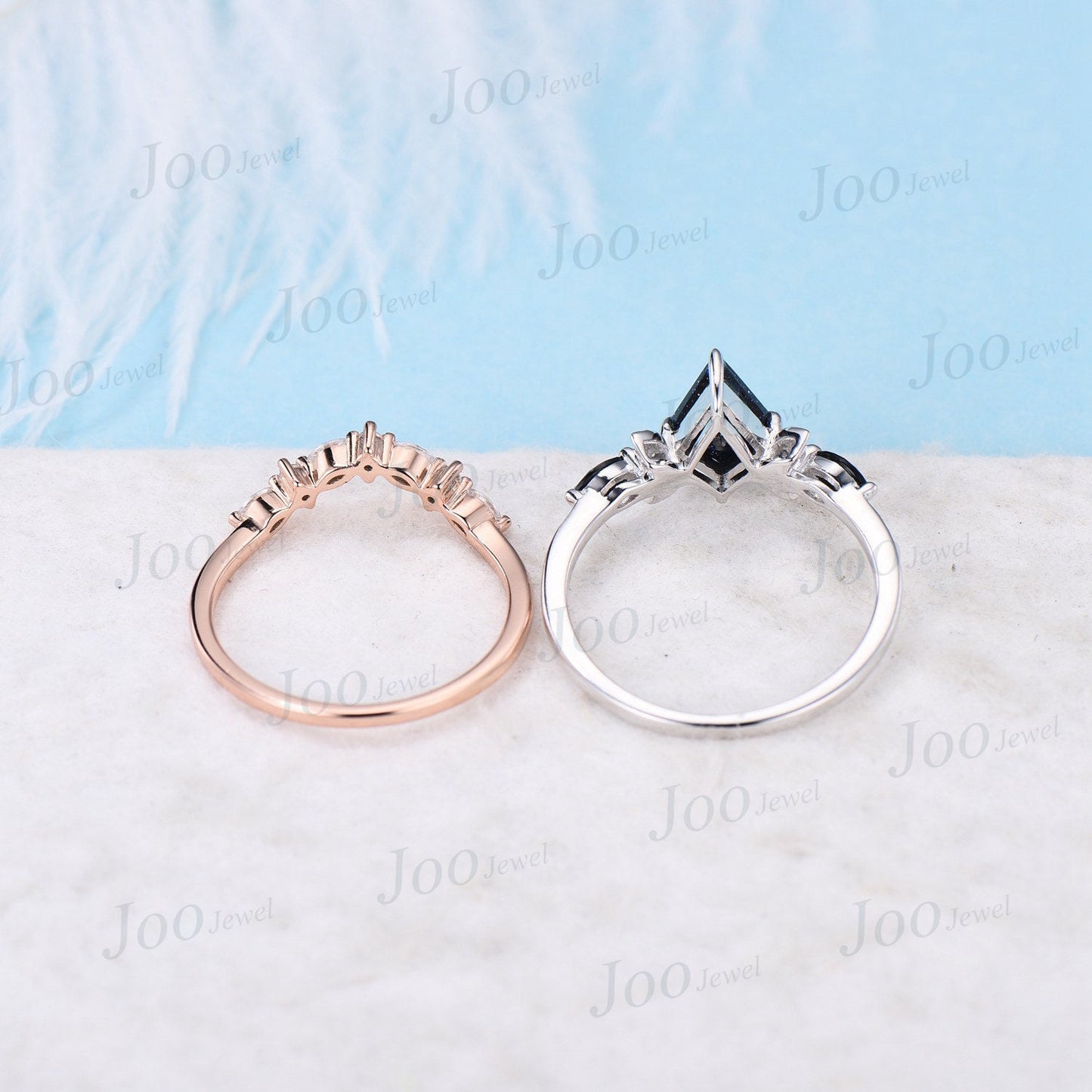1ct Kite Galaxy Blue Sandstone Celestial Engagement Ring Set Half Moon Moissanite Wedding Ring Set 10K Rose Gold Black Gemstone Bridal Set