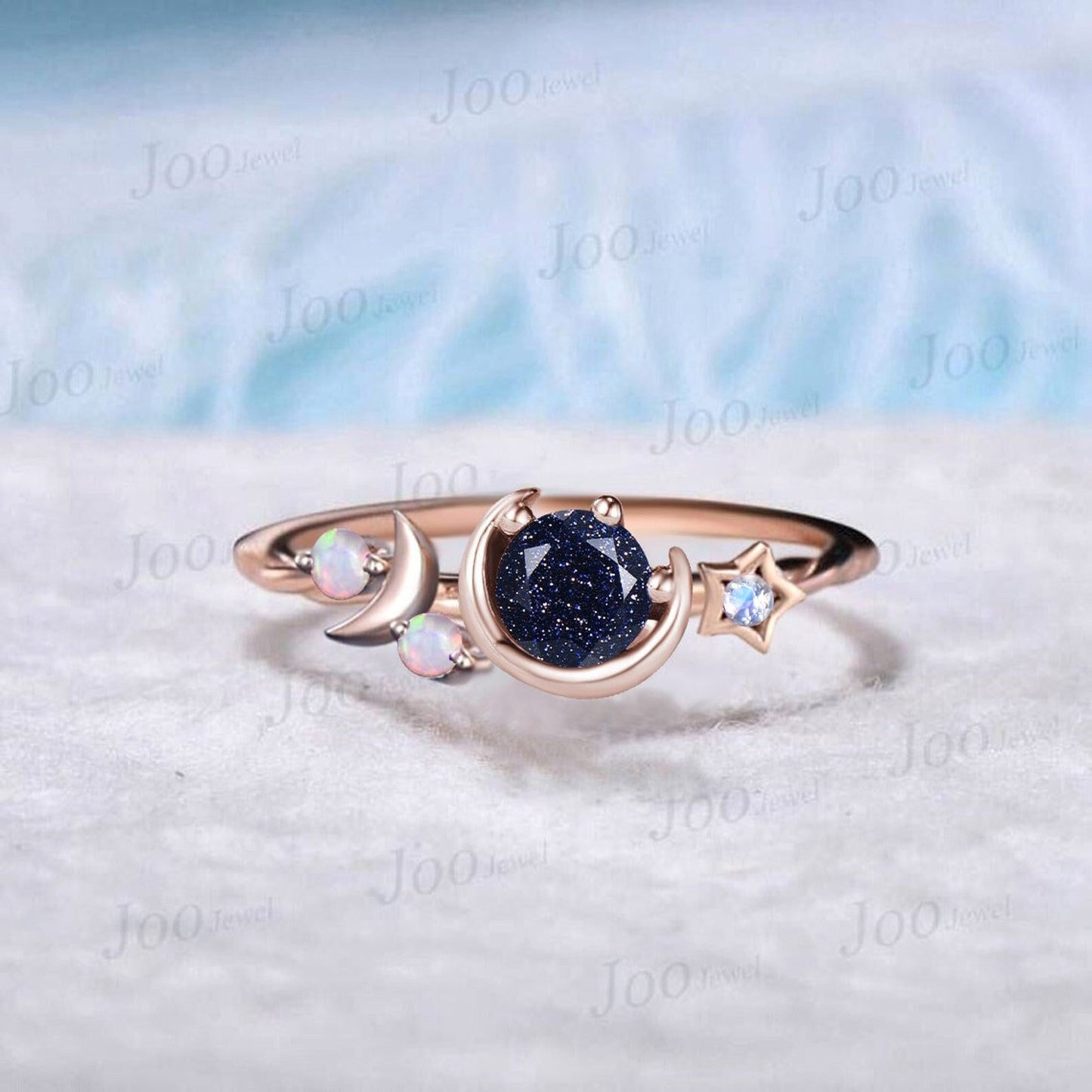 Round Cut Blue Sandstone Engagement Ring Starry Sky Moon Star Cluster Ring Purple Amethyst Celestial Ring Unique Asymmetrical Promise Rings