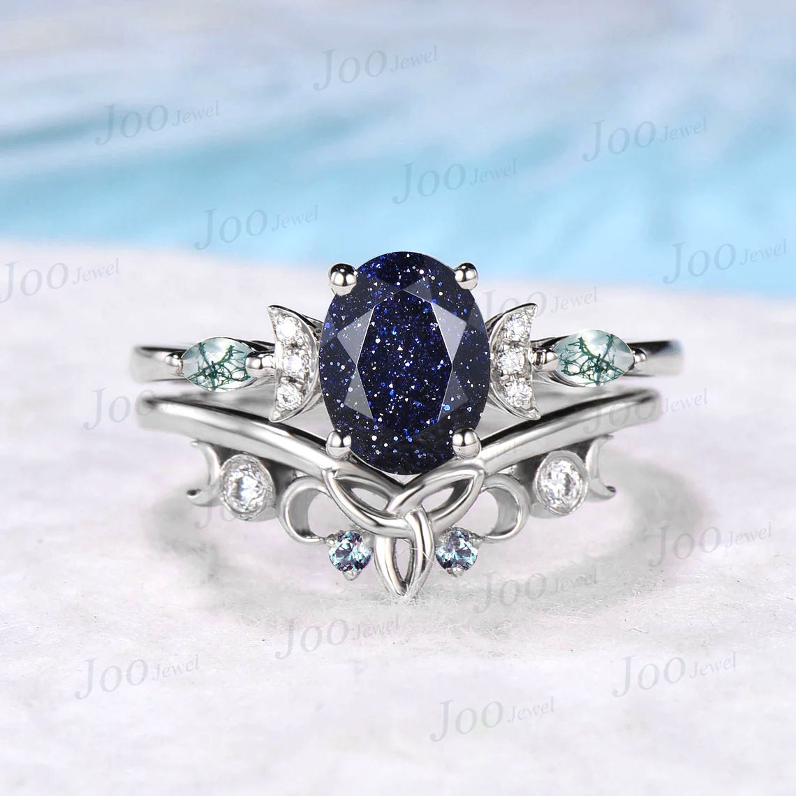 1.5ct Oval Galaxy Blue Sandstone Celestial Engagement Ring Triple Moon Alexandrite Band Rose Gold Moss Agate Blue Goldstone Moon Phase Ring
