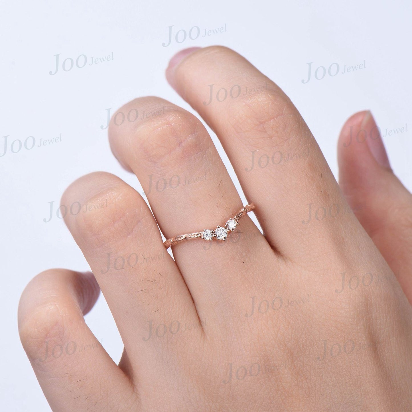 Sterling Silver Round Moissanite Diamond Twig Matching Band Curve Nesting Band Nature Inspired Vine Wedding Band Three Stone Contour Band