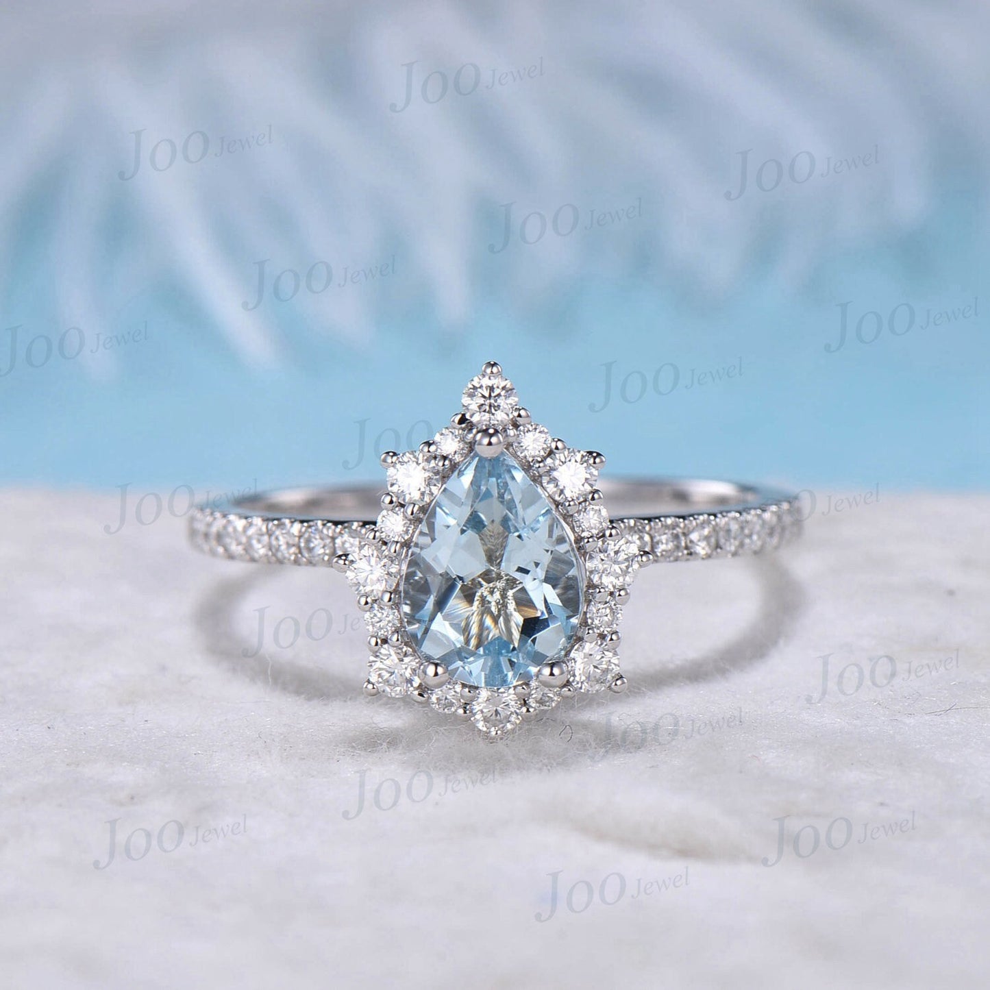 1.25ct Pear Cut Natural Aquamarine Wedding Ring Set 10K White Gold Half Eternity Halo Moissanite Ring Platinum Ring Alexandrite Wedding Band