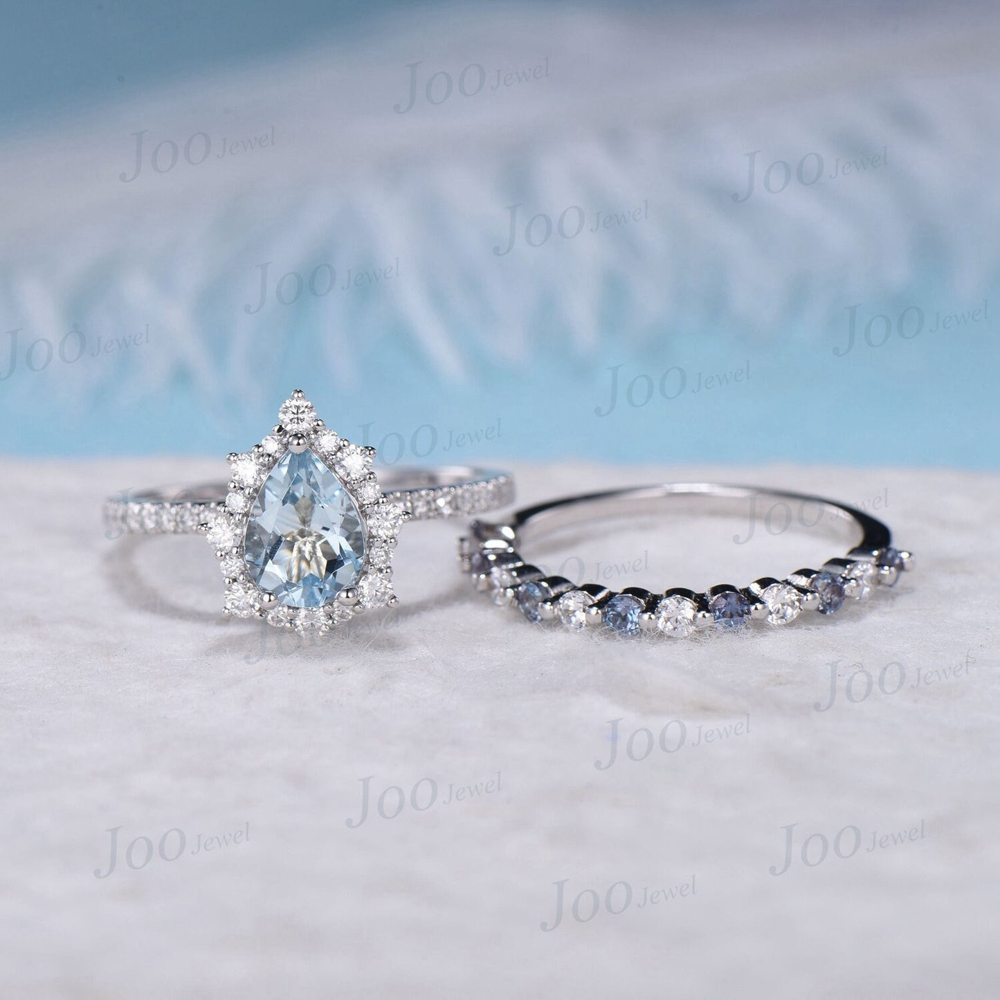 1.25ct Pear Cut Natural Aquamarine Wedding Ring Set 10K White Gold Half Eternity Halo Moissanite Ring Platinum Ring Alexandrite Wedding Band