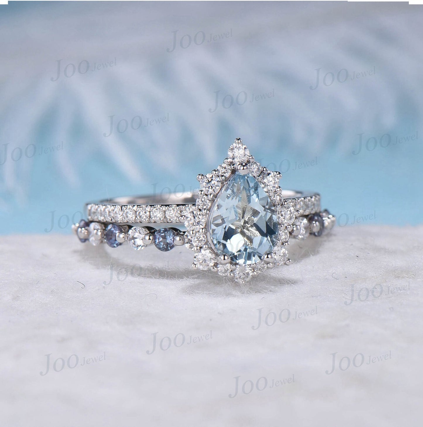 1.25ct Pear Cut Natural Aquamarine Wedding Ring Set 10K White Gold Half Eternity Halo Moissanite Ring Platinum Ring Alexandrite Wedding Band
