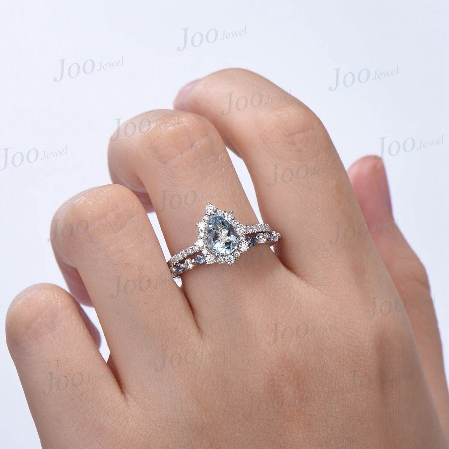 1.25ct Pear Cut Natural Aquamarine Wedding Ring Set 10K White Gold Half Eternity Halo Moissanite Ring Platinum Ring Alexandrite Wedding Band
