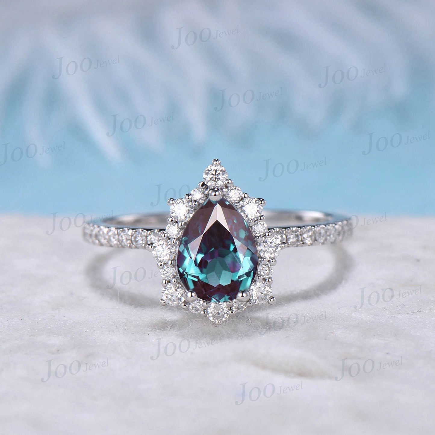 Pear Shaped Color-Change Alexandrite Wedding Bridal Ring Set 10K White Gold Half Eternity Halo Moissanite Ring June Birthstone Wedding Band