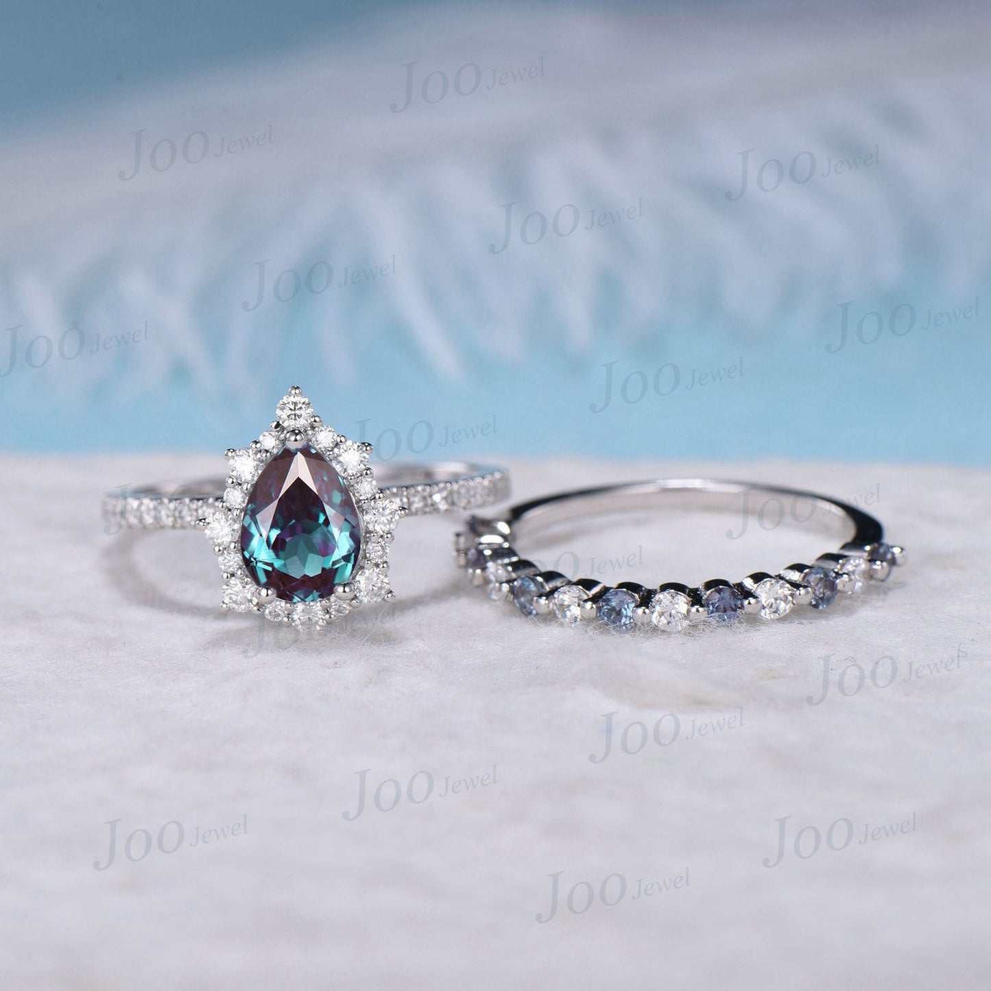 Pear Shaped Color-Change Alexandrite Wedding Bridal Ring Set 10K White Gold Half Eternity Halo Moissanite Ring June Birthstone Wedding Band