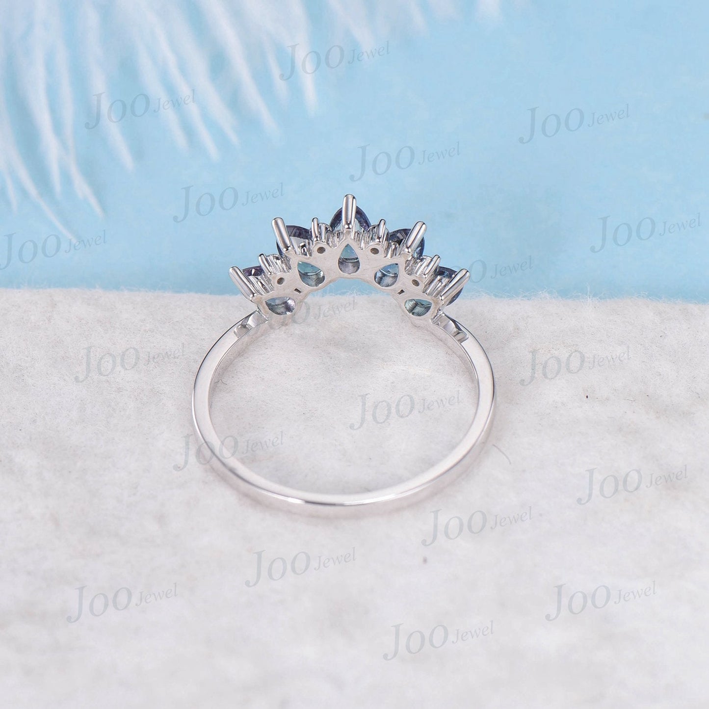 Pear Shaped Alexandrite Moissanite Curved Wedding Band 10K White Gold Unique Stacking Ring Vintage Dainty Women Jewelry Contour Nesting Band