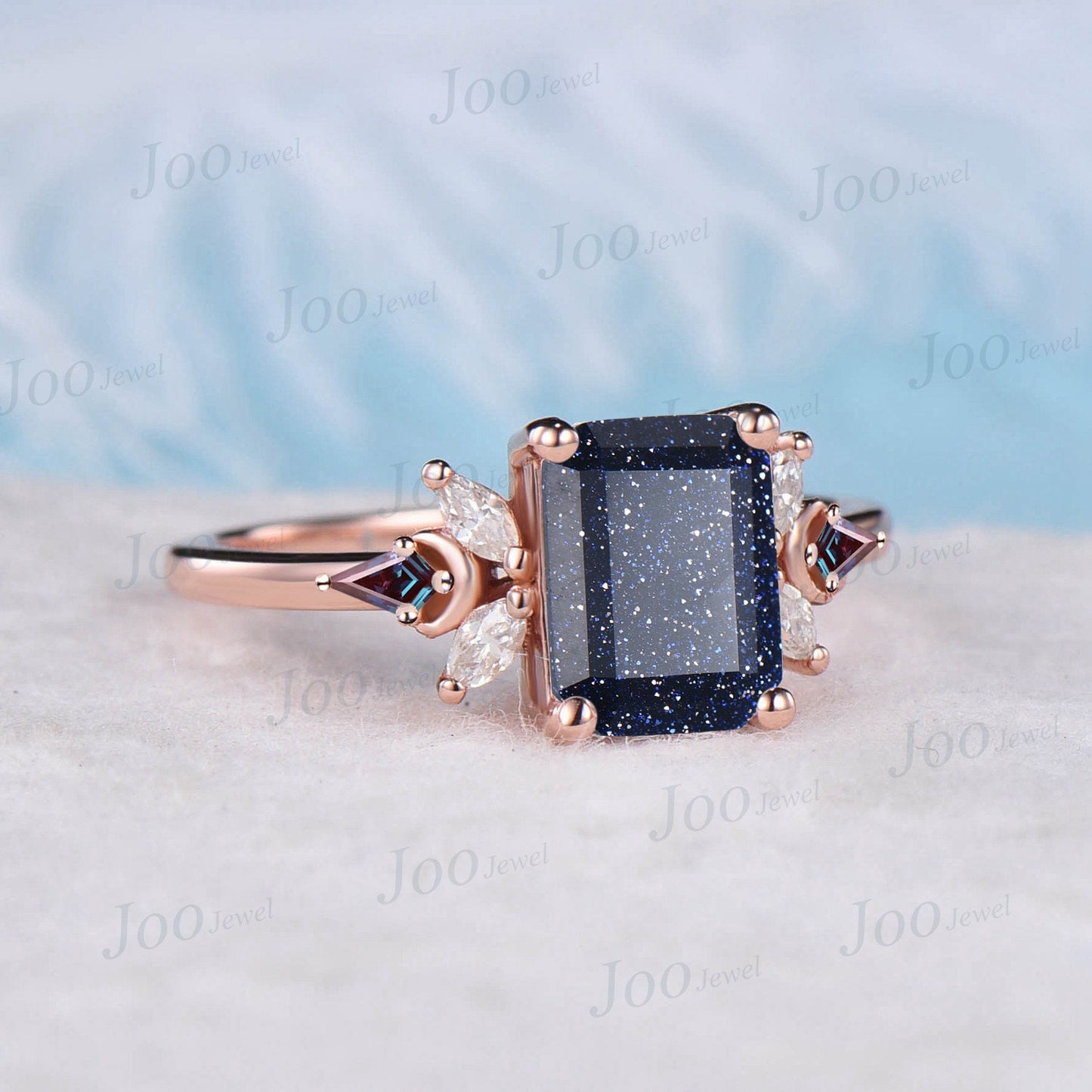 2ct Emerald Cut Galaxy Blue Sandstone Engagement Ring Blue Gemstone Jewelry Vintage Cluster Kite Alexandrite Ring Personalized Gift Women