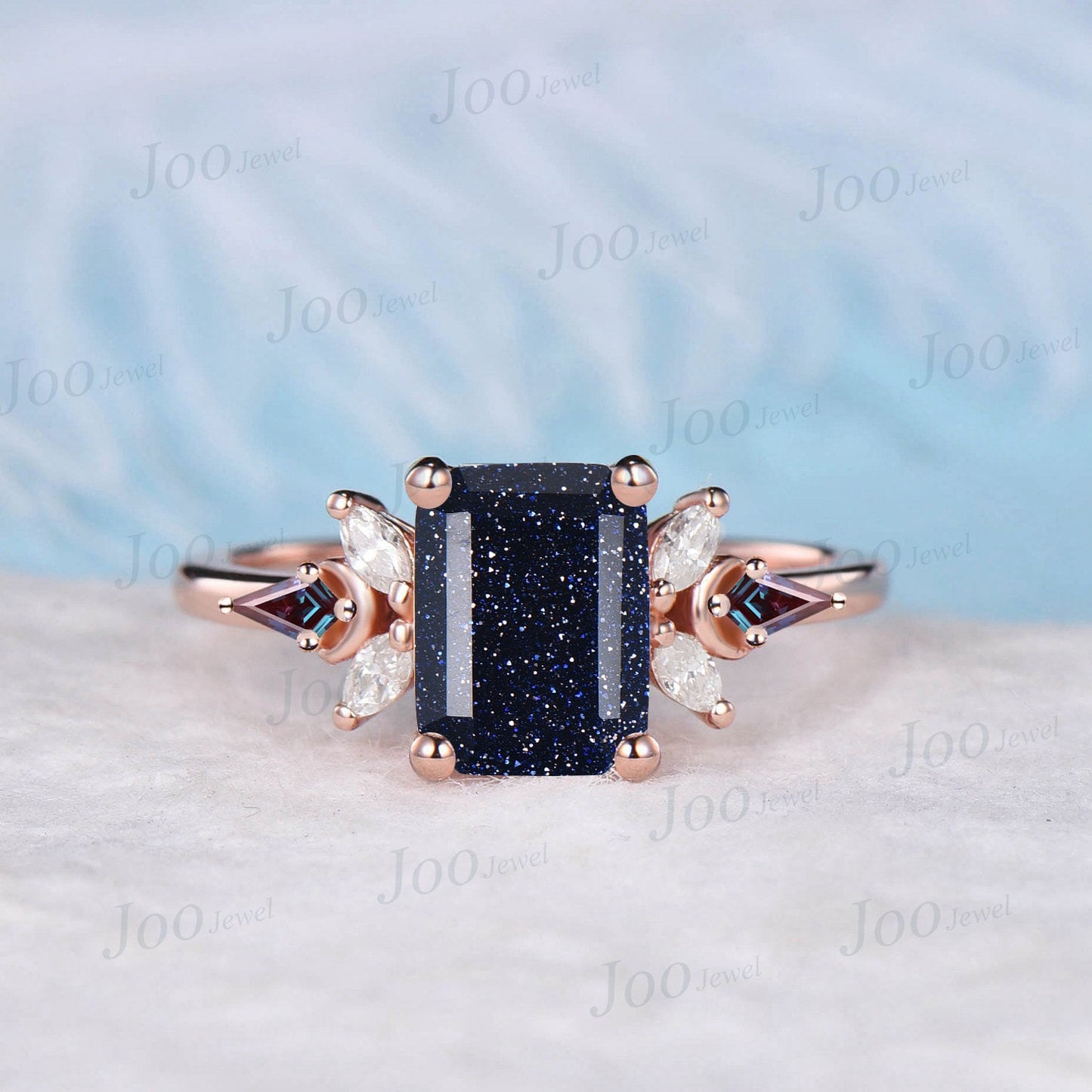 2ct Emerald Cut Galaxy Blue Sandstone Engagement Ring Black Spinel Gemstone Vintage Cluster Kite Alexandrite Ring Personalized Gifts Women