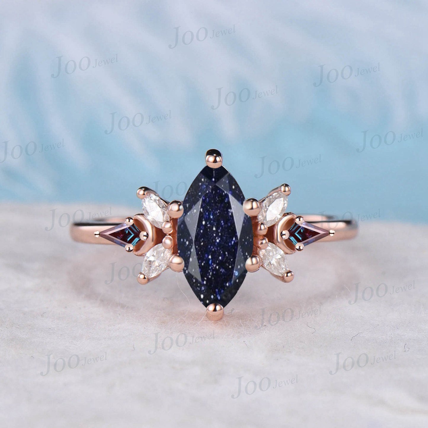 2ct Emerald Cut Galaxy Blue Sandstone Engagement Ring Blue Gemstone Jewelry Vintage Cluster Kite Alexandrite Ring Personalized Gift Women