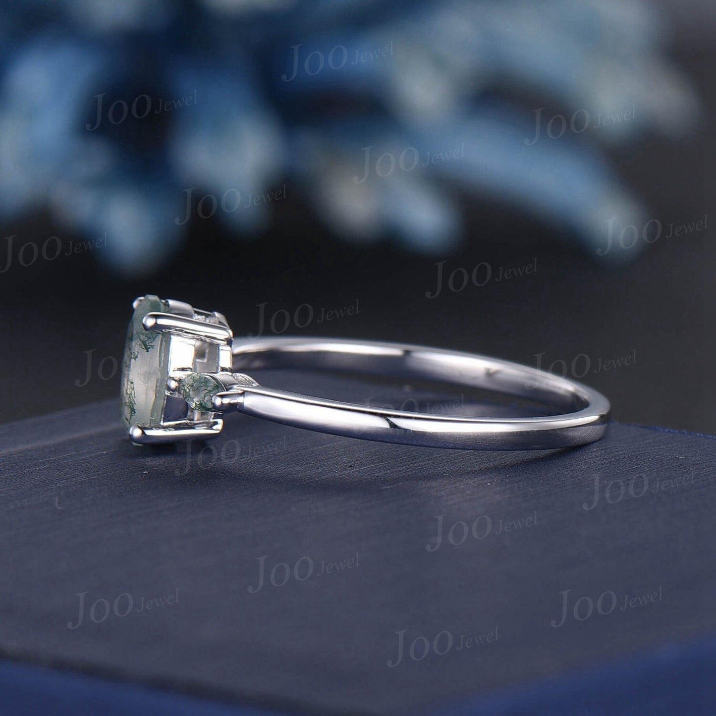 1.5ct Oval Natural Moss Agate Engagement Ring 10K/14K/18K Rose Gold Three Stone Aquatic Agate Promise Ring Marquise Moss Agate Wedding Ring