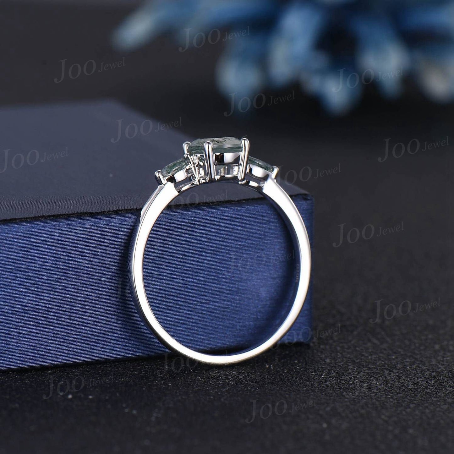 1.5ct Oval Natural Moss Agate Engagement Ring 10K/14K/18K Rose Gold Three Stone Aquatic Agate Promise Ring Marquise Moss Agate Wedding Ring